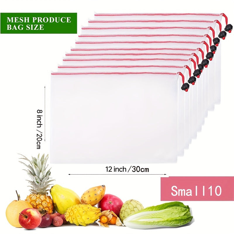 Juego de 10 bolsas de malla reutilizables para frutas y verduras lavables y transparentes