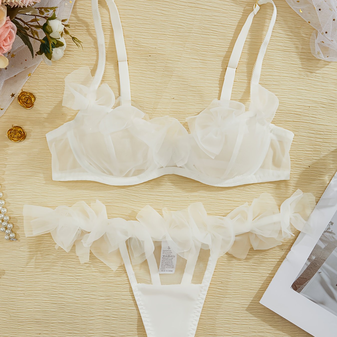 Mesh kamarlik ichki kiyim to'plami, spaghetti tasmalari bilan, bra va ichki kiyimni o'z ichiga oladi, ayollar uchun jozibali kiyim.