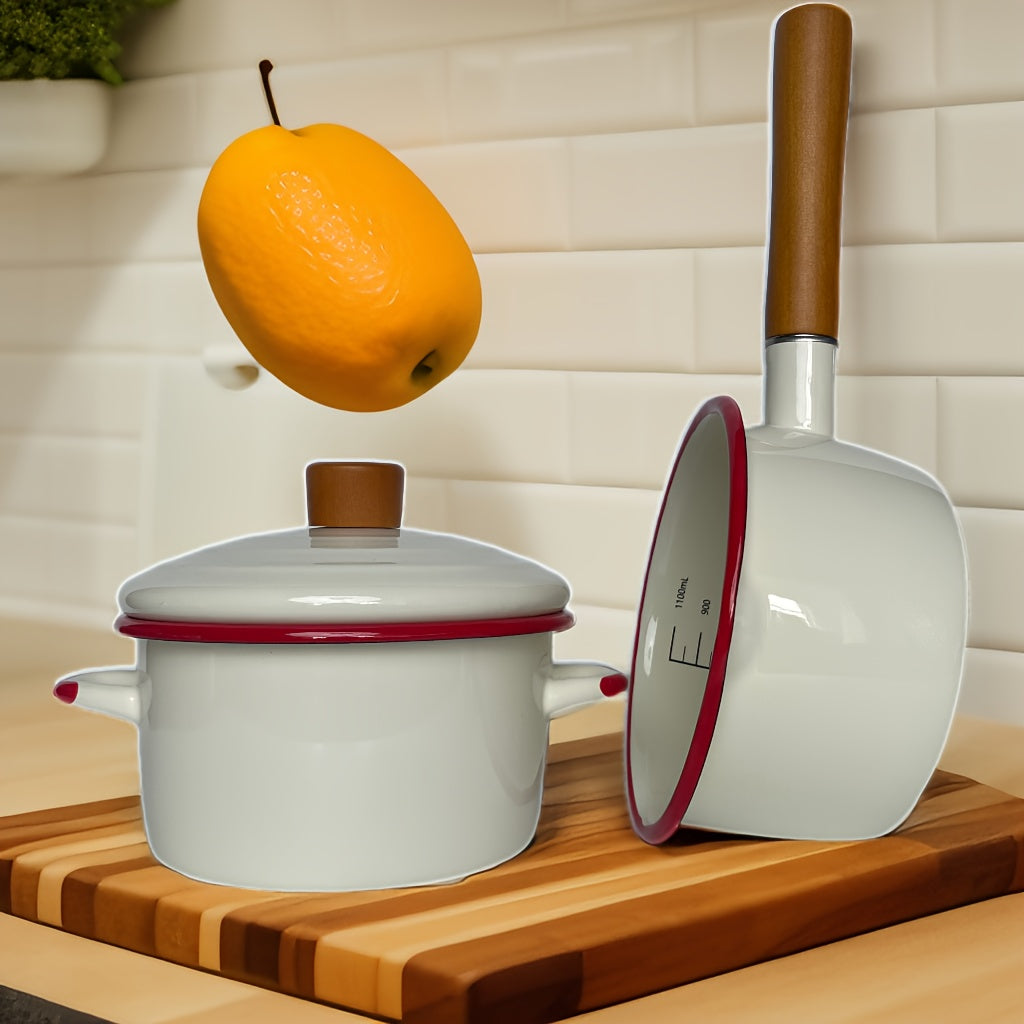 Qalin qoplamali, bir xil rangdagi emal sho'rva qozonlari to'plami, gaz pechida va induksion pechda ishlatish uchun mos. Ushbu oshxona va ovqatlanish uchun zarur bo'lgan buyumlar sog'liq uchun xavfsiz qoplamaga ega va 1.5L va 2.5L o'lchamlarida mavjud.