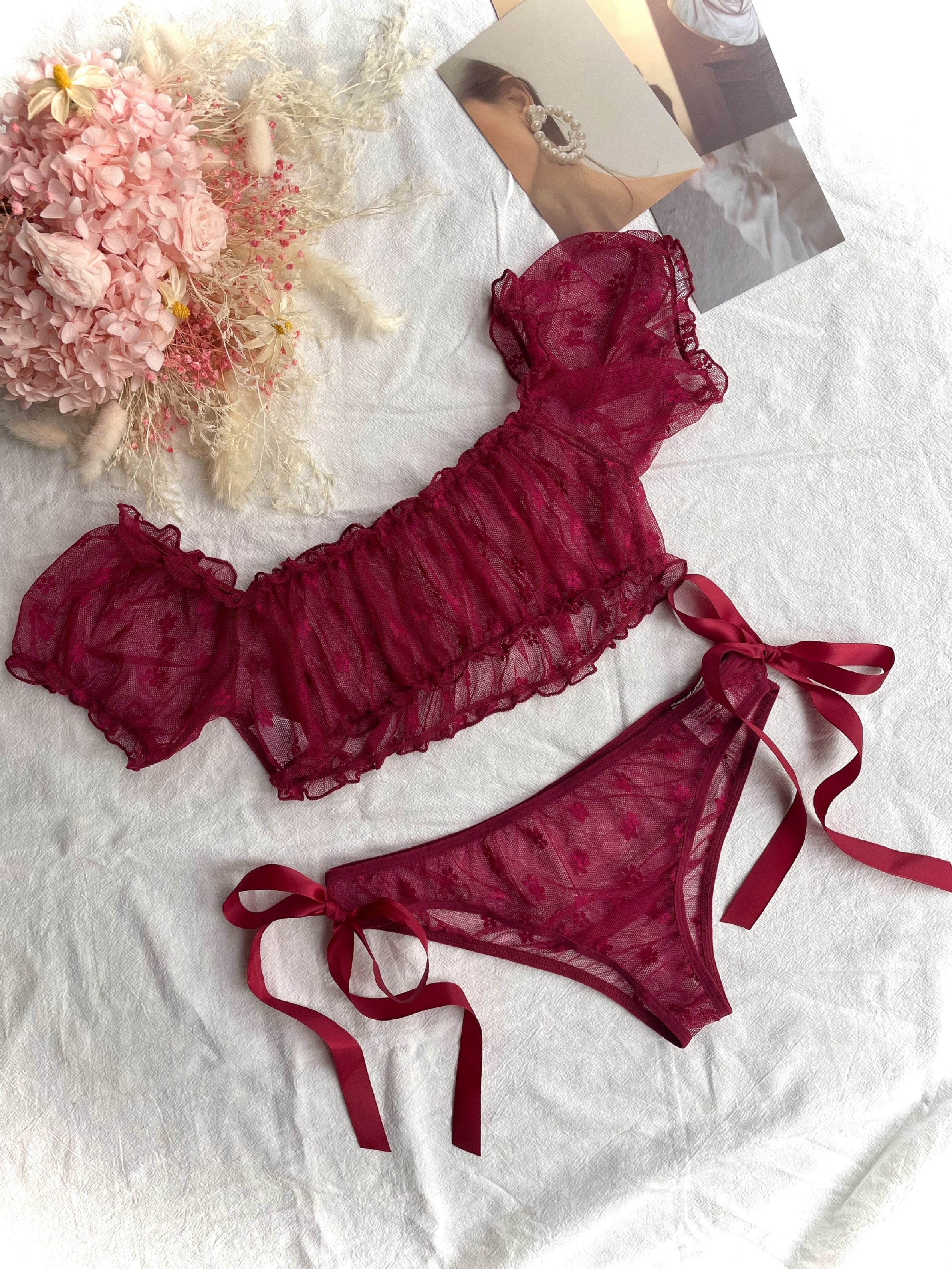 Women's Red Lace Lingerie Set with Off-Shoulder Bra and Low-Rise Panties