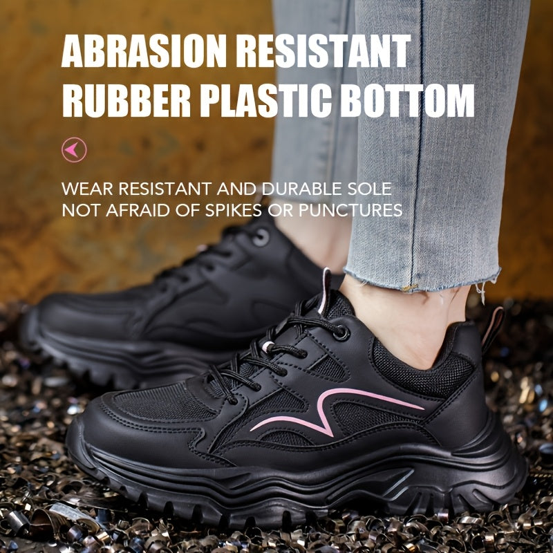 Women’s Lightweight Safety Shoes Black Pink Breathable Anti-Puncture Durable Rubber