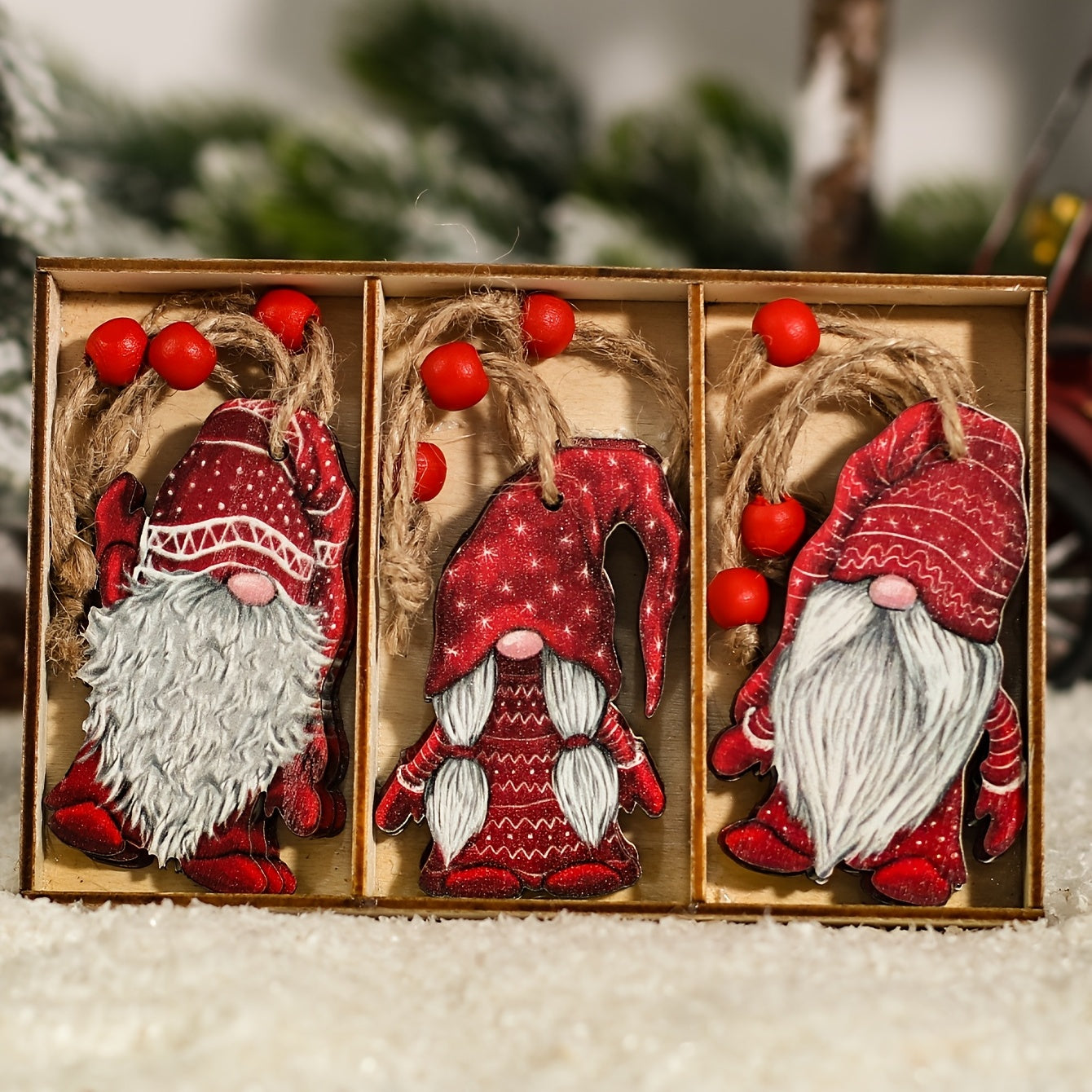 Vintage Birch Wood Christmas Ornaments Set with 9 Rustic Dwarf Tree Pendants in Hanging Box