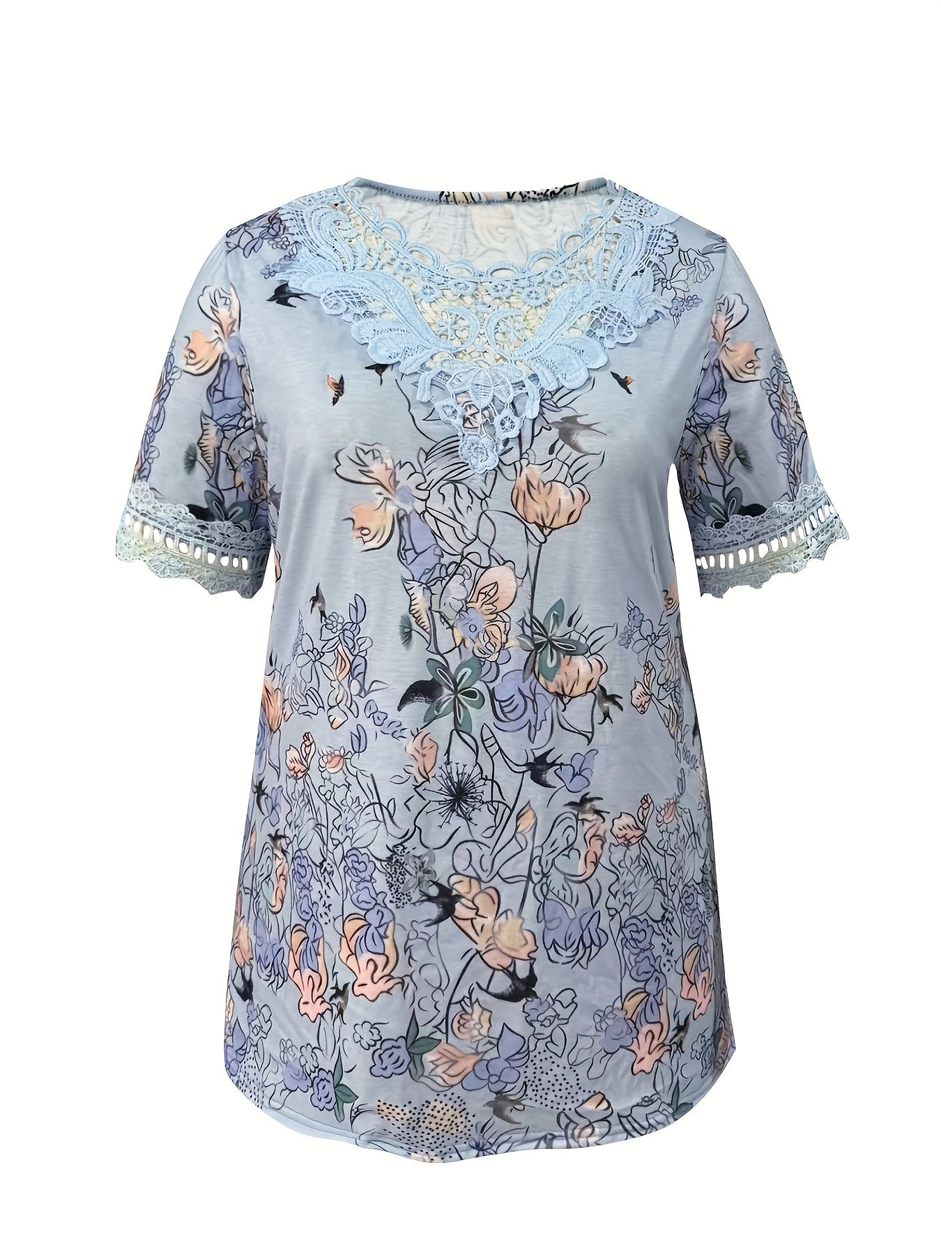Women's Plus Size Short Sleeve T-Shirt Floral 3D Lace Contrast Collar
