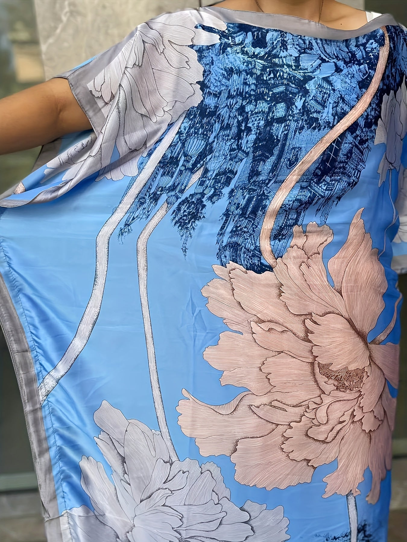 Plus Size Floral Dress Longline Short Sleeve Crew Neck Spring Summer