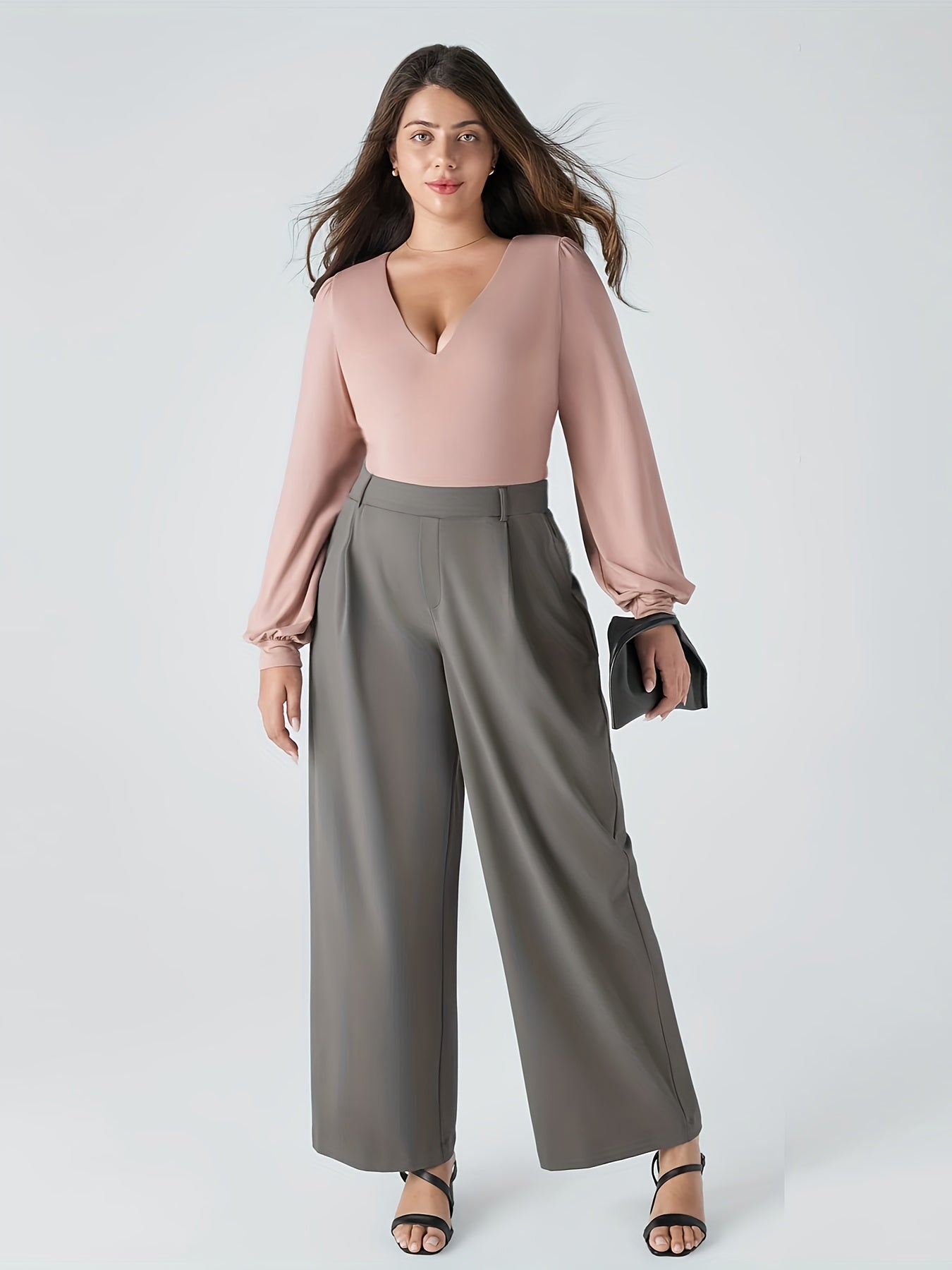 Plus Size Women's Gray Polyester Suit Pants with Elastic Waist Casual Office Wear