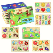 Juego de rompecabezas de madera de 4 piezas para niños, aprendizaje educativo de números, letras, animales y frutas