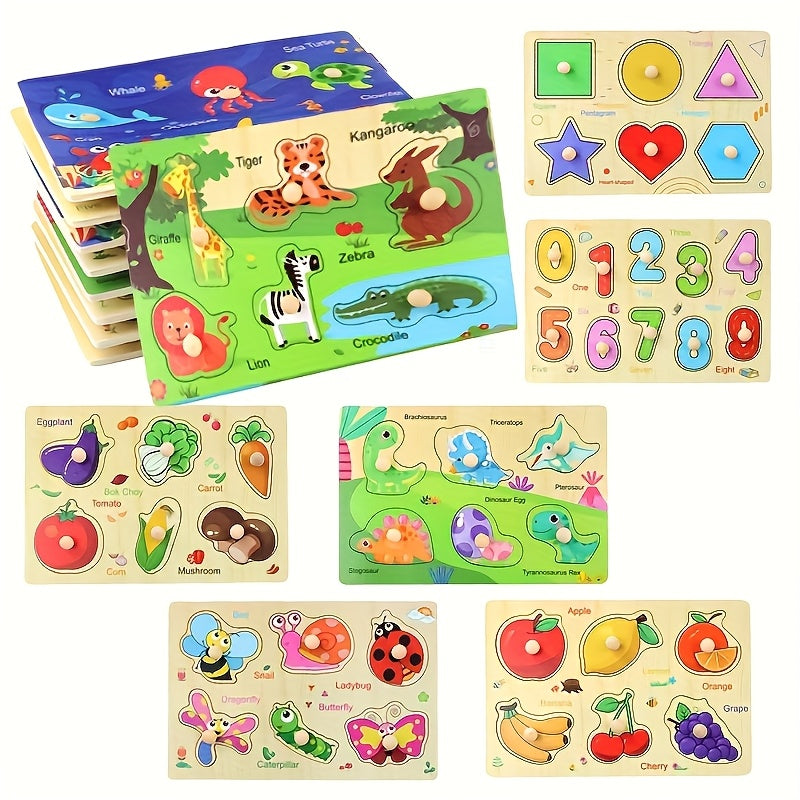 4-Piece Wooden Puzzle Set for Kids Educational Learning Numbers Letters Animals Fruits