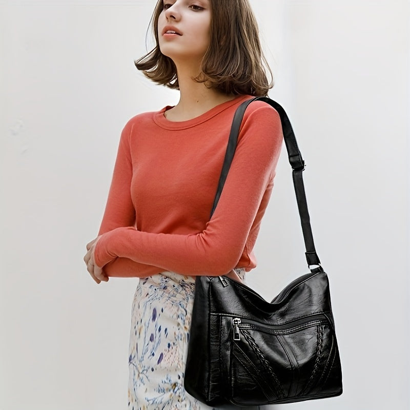 Большая вместительная сумка через плечо для женщин, черный ПУ, застежка-молния