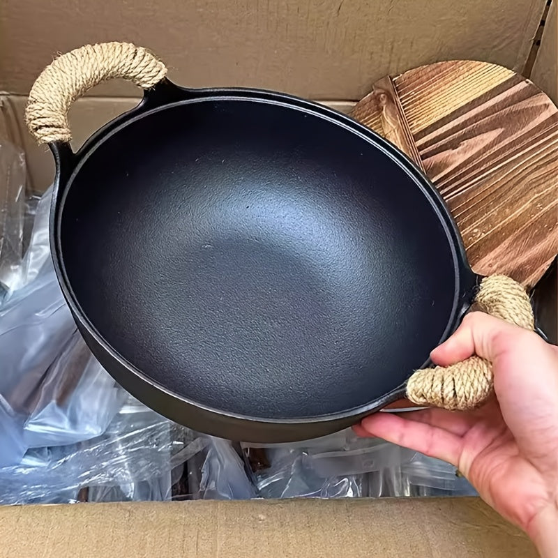 Cast Iron Cookware Set with Wooden Lid Non-Stick Heat-Resistant Handles for Soup Stews