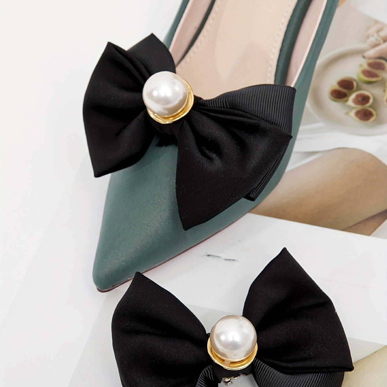 Women Faux Pearl Bowknot Shoe Clips Detachable Buckles for Wedding High Heels