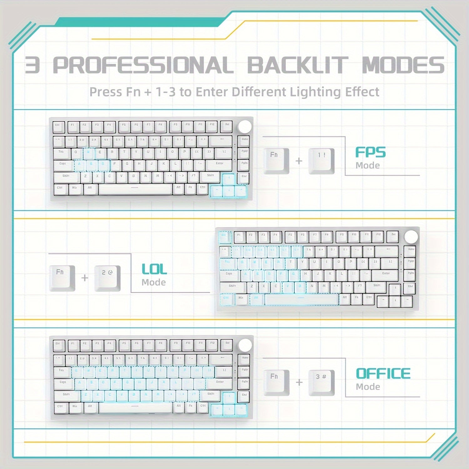 75% Wired Mechanical Gaming Keyboard with Knob and Hot-Swappable Sockets