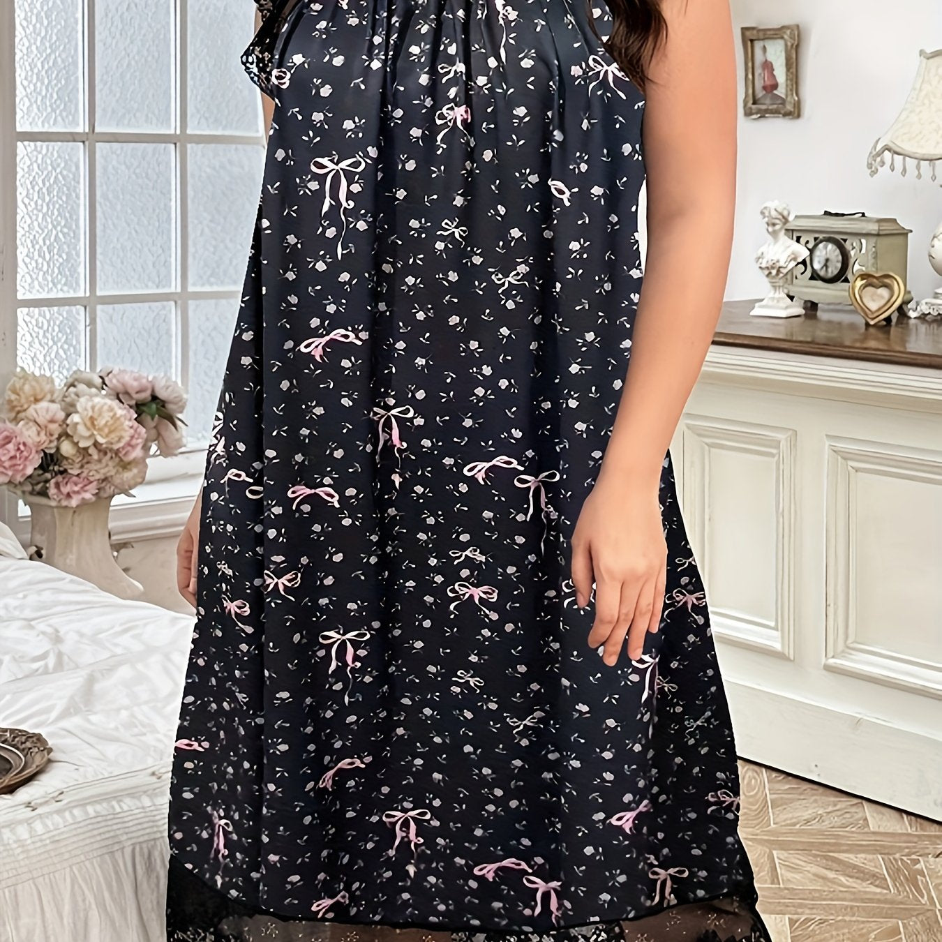 Women's Navy Blue Floral Sleep Dress with Lace Trim Nightgown
