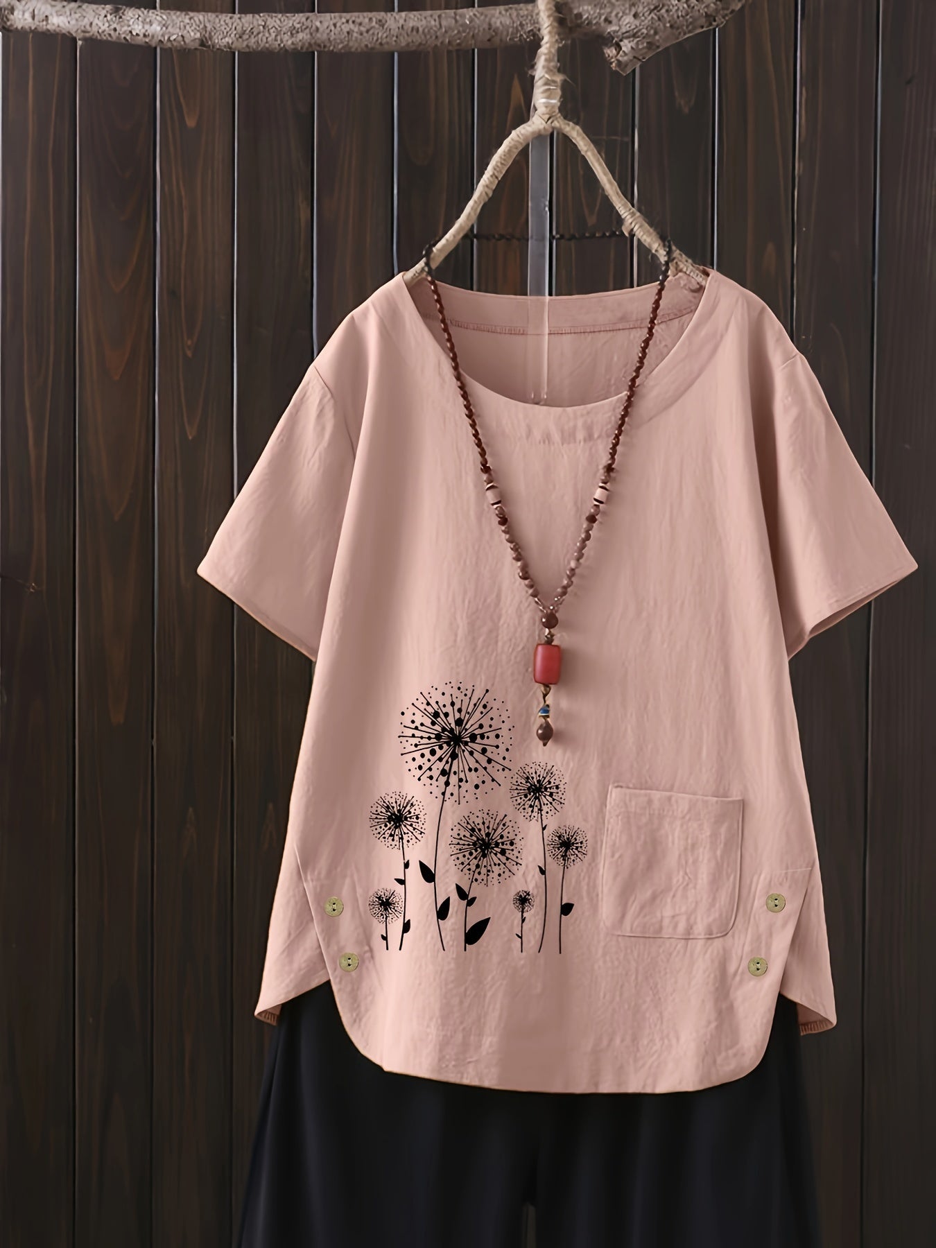 Plus Size Women's Summer Shirt Short Sleeve Loose Fit Floral Woven Cotton Blend Solid Color