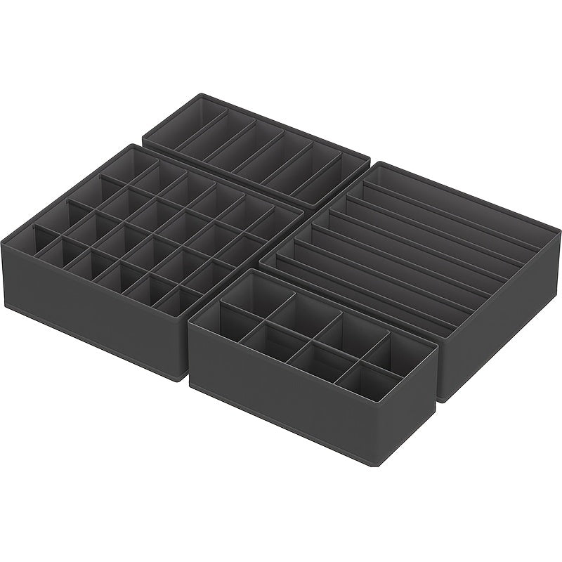 4 ta yig'iladigan saqlash qutilari o'lchami 64.01 sm X 49.0 sm X 10.01 sm. Kiyimlar, paypoqlar, kamarlar va uy bezaklarini tartibga solish uchun ideal.