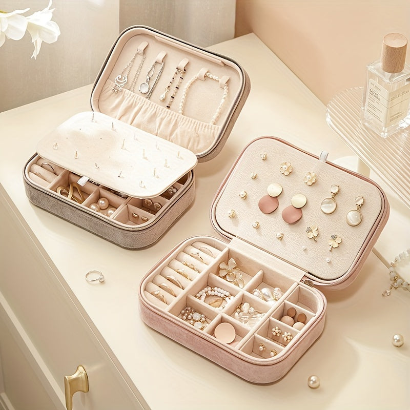 Organizador de joyas de terciopelo con cremallera, estuche de viaje con almacenamiento de tres niveles para pendientes, collares, anillos y relojes