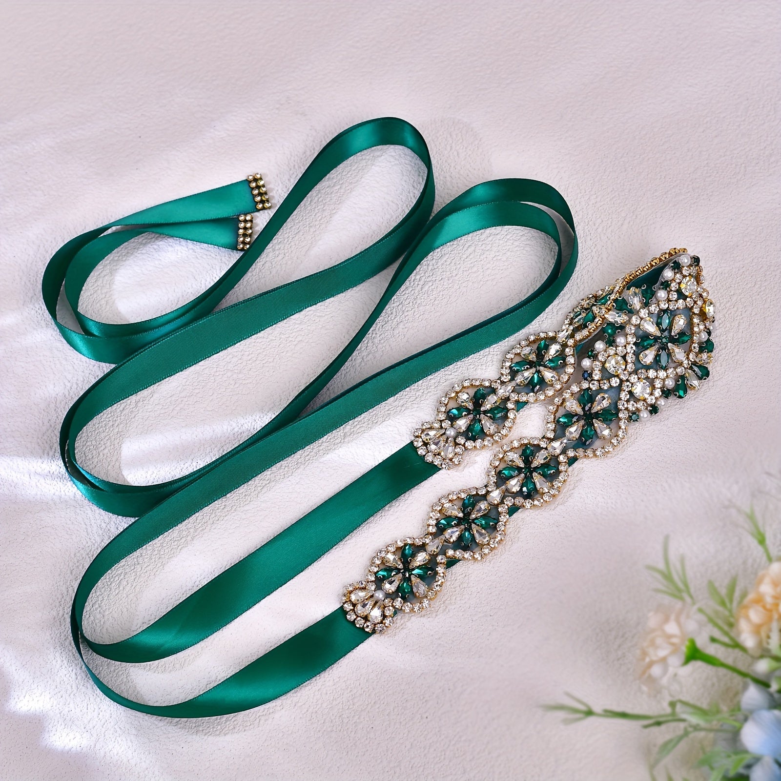 Cinturón de novia con pedrería verde para vestido de novia para eventos formales