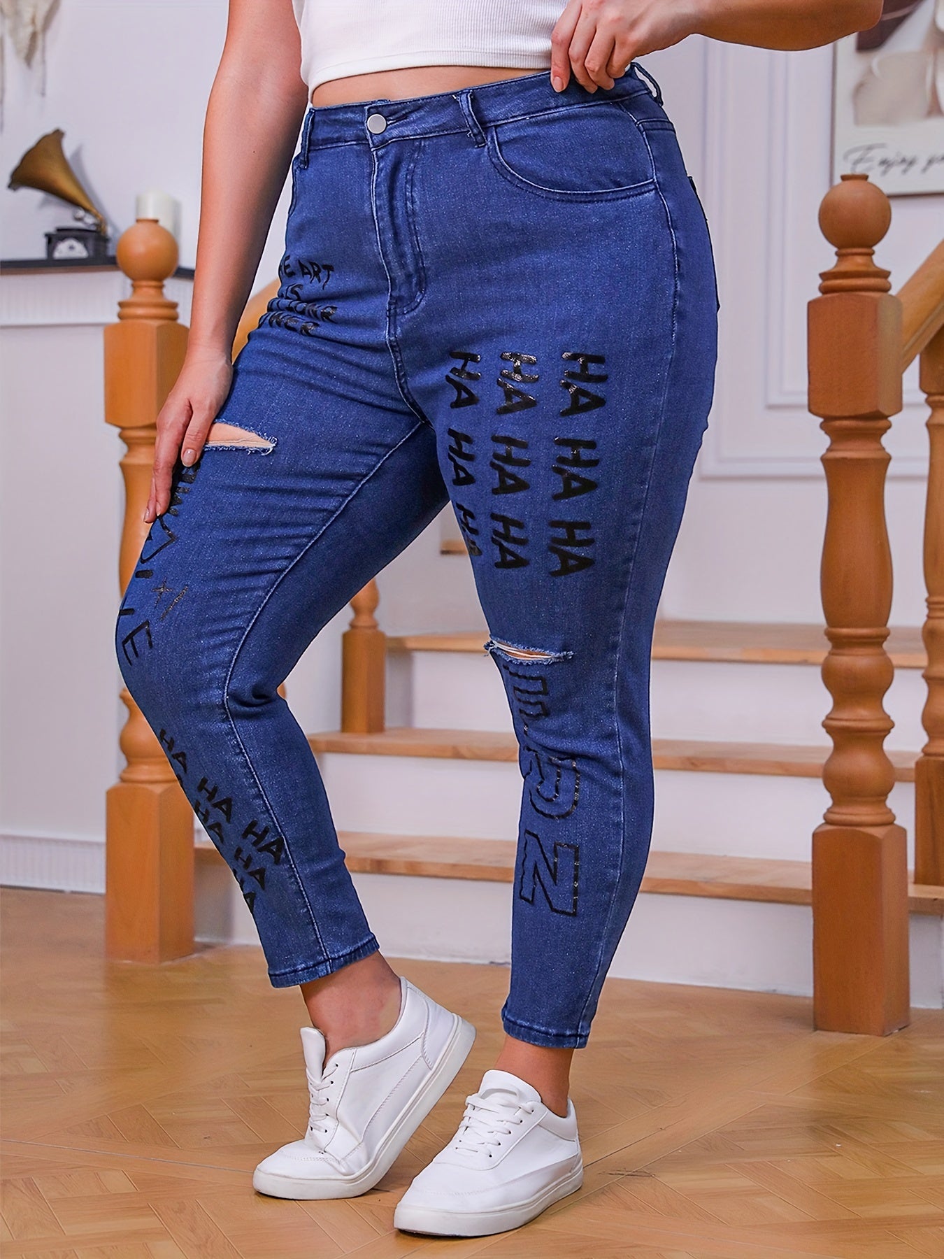 Plus Size Women's Ripped Skinny Jeans High Rise Medium Stretch