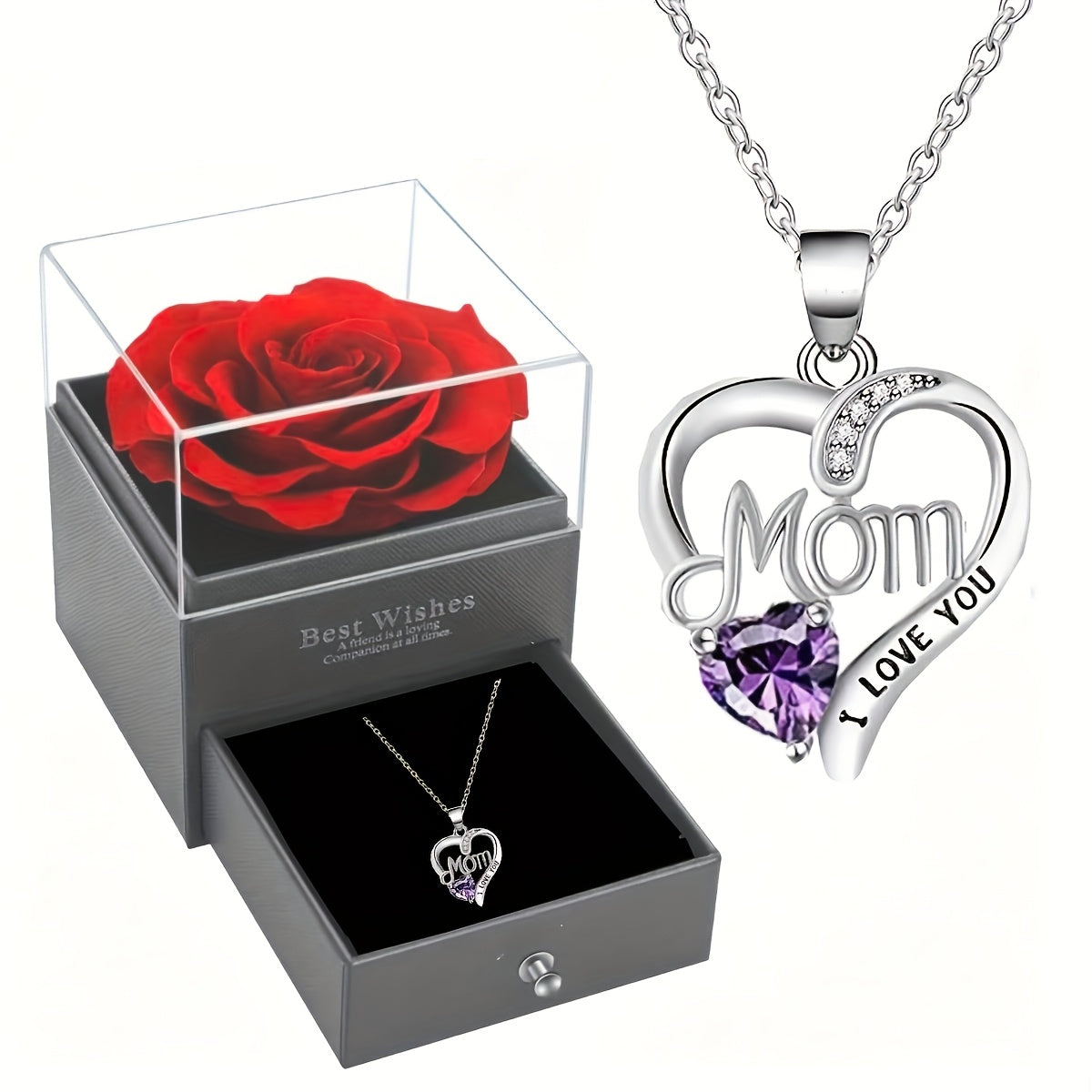 Heart-Shaped Pendant Necklace for Mom with Synthetic Zirconia in Rose Gift Box