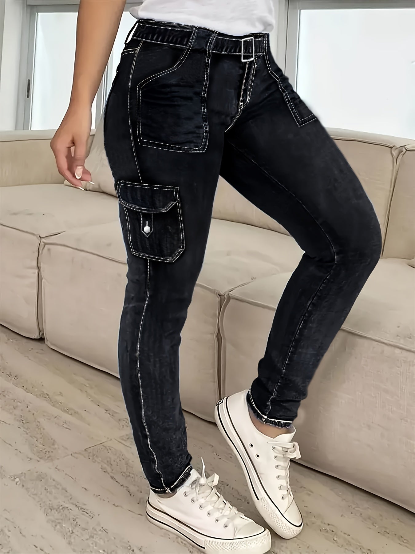 Women's Plus Size High-Waisted Skinny Jeans Dark Navy All-Season Stretch Casual Pants