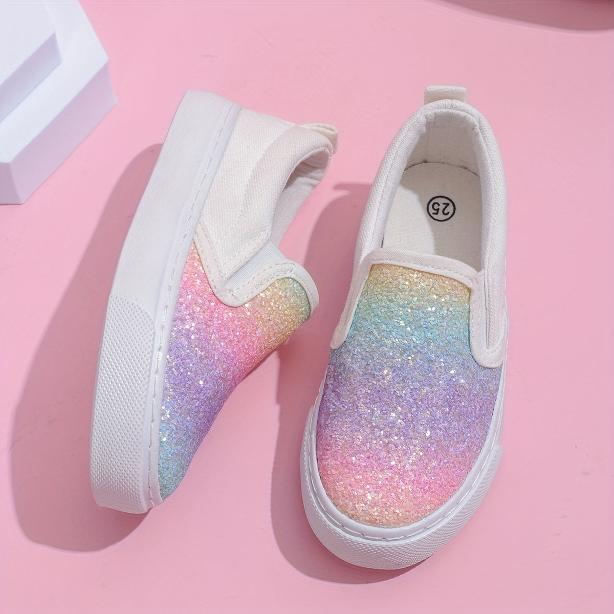 Girls' Rainbow Glitter Slip-On Sneakers Lightweight Canvas Rubber Sole Casual School Sports