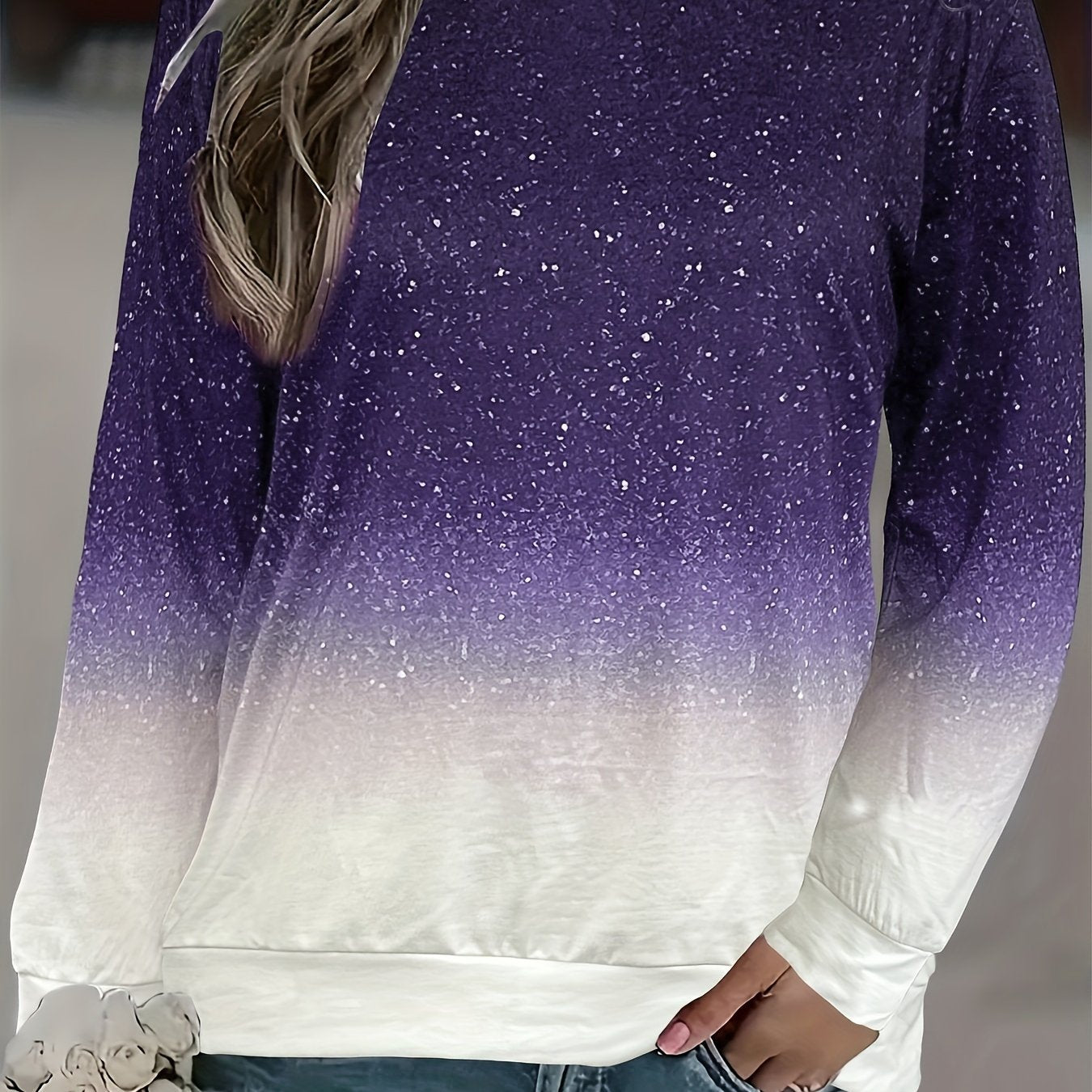 Sudadera de manga larga con estampado ombré de purpurina para mujer talla grande