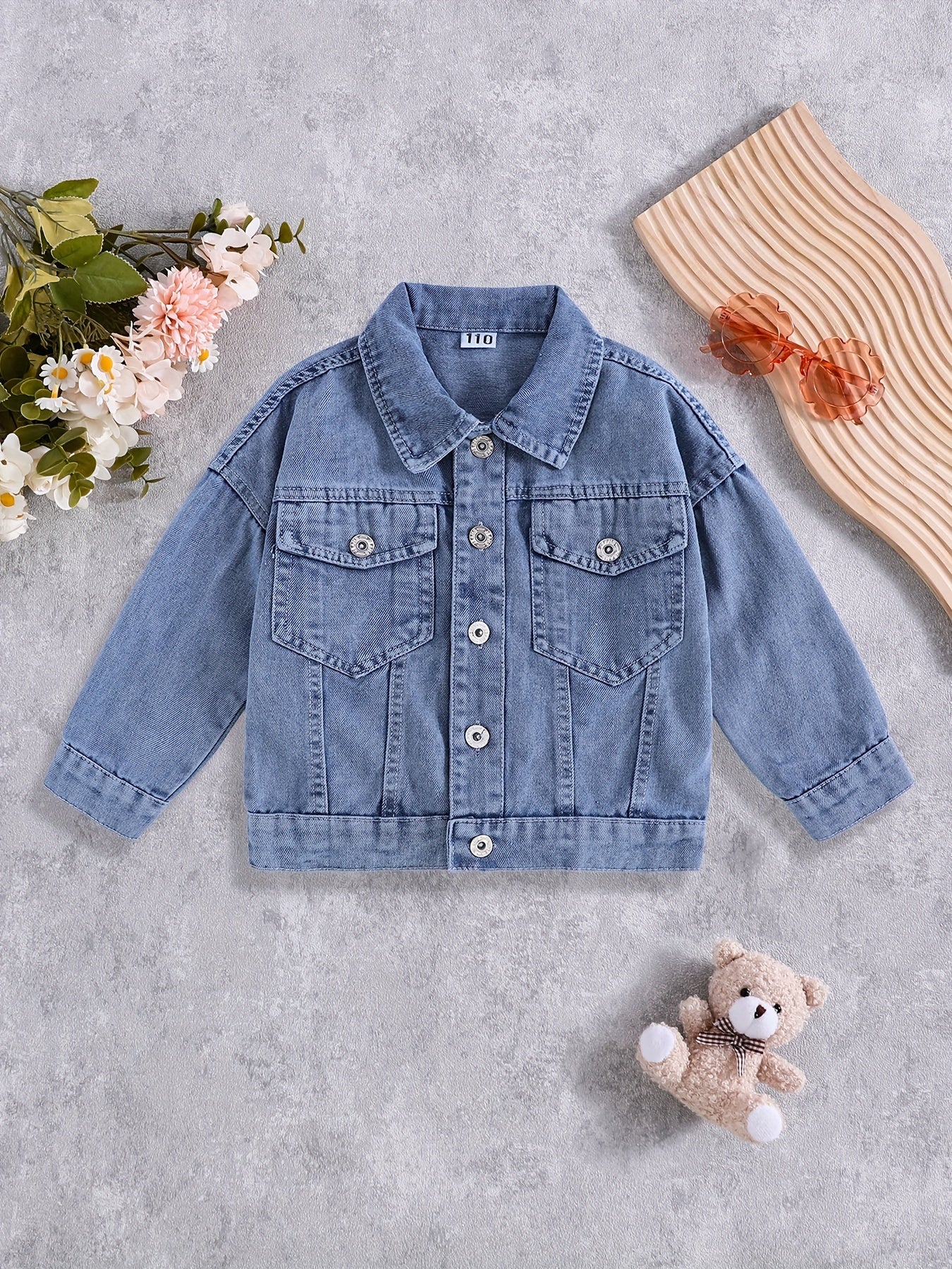 Girls Embroidered Denim Jacket with Rabbit Design Long Sleeve Fall Winter Casual