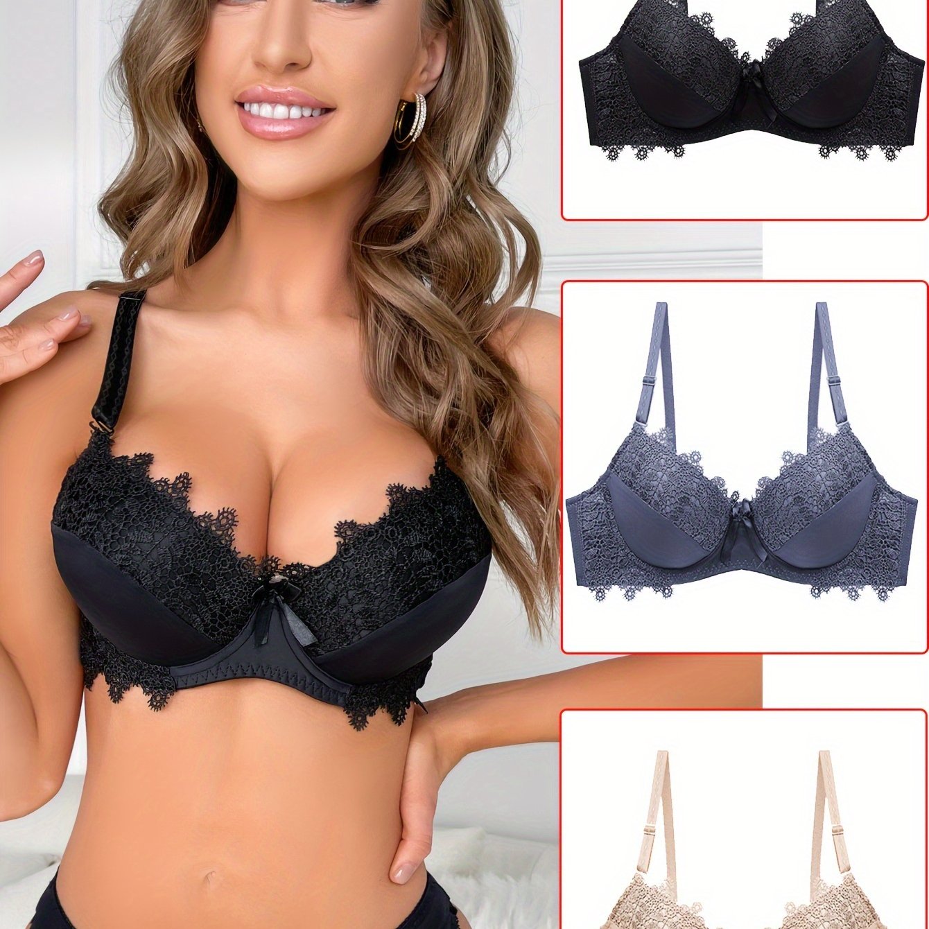 Set of 3 Women's Push Up Bras with Contrast Lace and Bow Tie Details