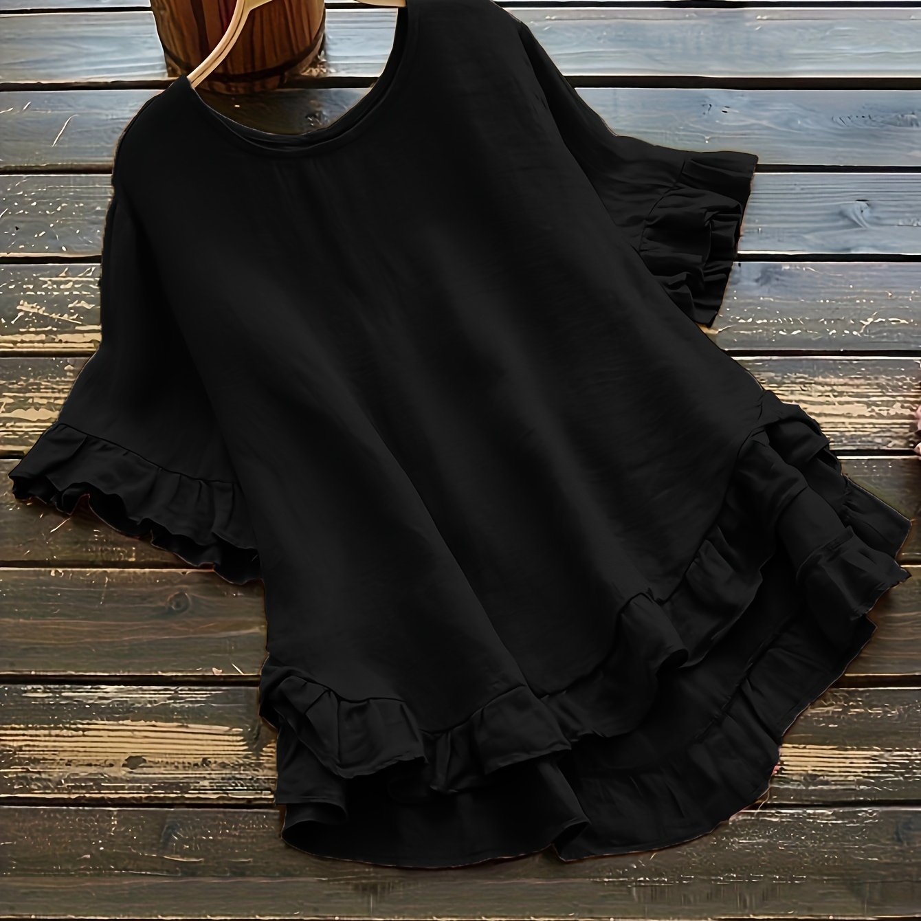 Blusa de manga campana de talla grande para mujer, con volantes, parte frontal corta y parte trasera larga, color negro, tela suave