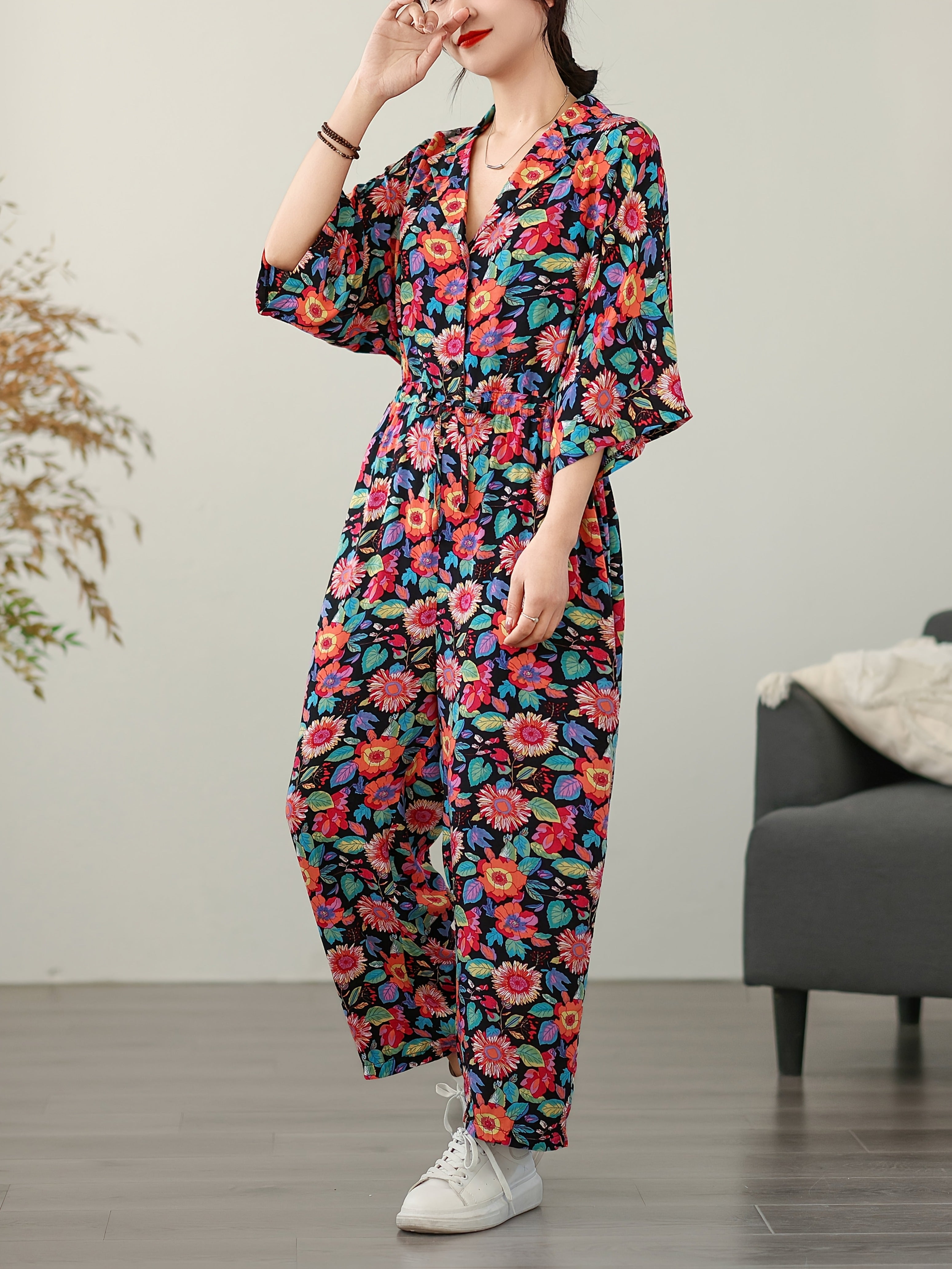 Women's Floral Print Summer Jumpsuit Loose Fit Short Sleeve Casual Dress