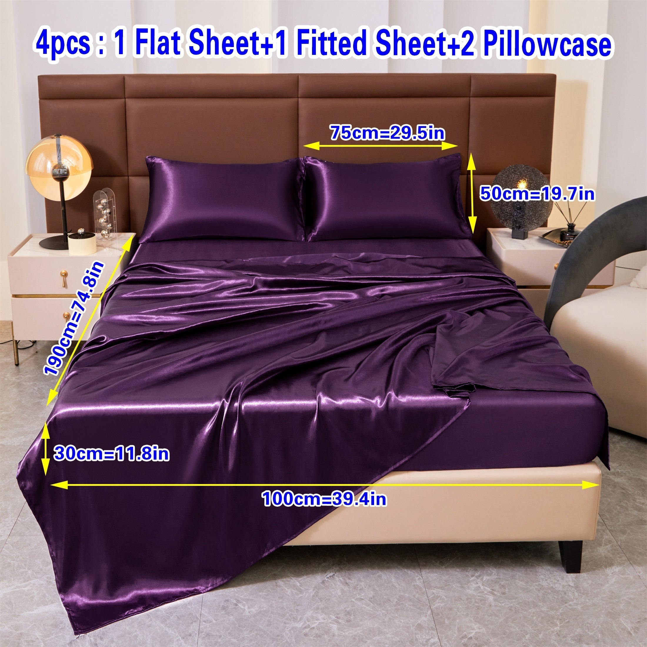 Set of Four Colored Bed Skirt, Sheet, and Pillowcase Bedding Set