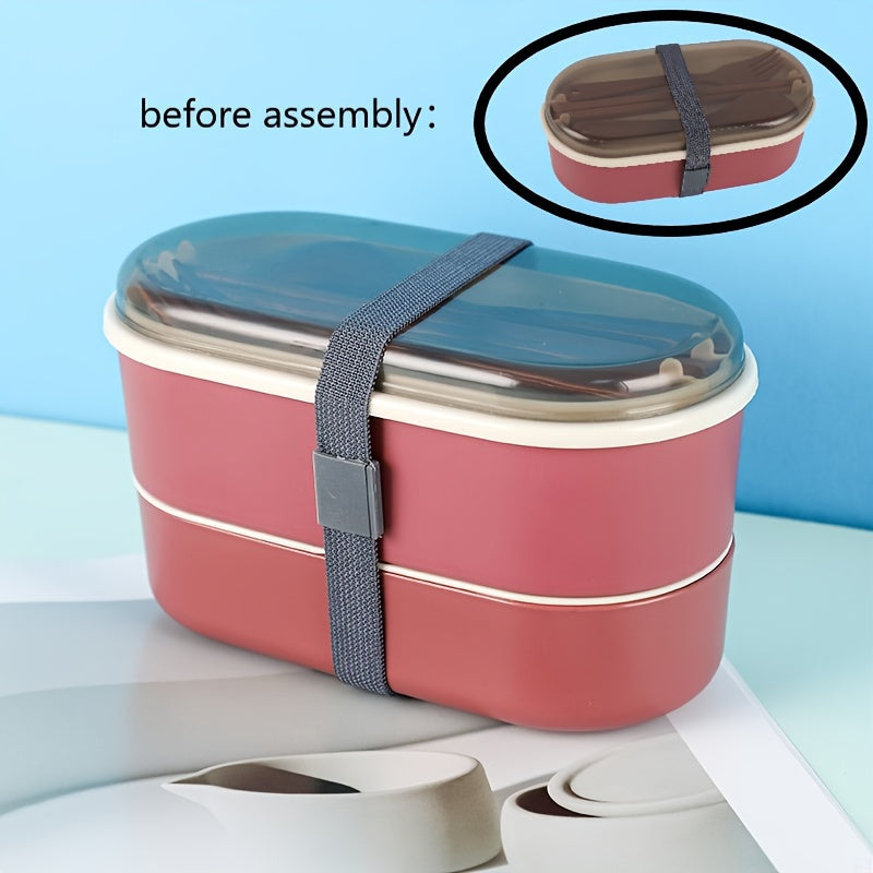 Suv o'tkazmaydigan, qayta ishlatiladigan 700ml bento qutisi, idishlar bilan - Ikki qatlamli dizayn, multfilm mavzusi, maktab, ish va sayohat uchun ideal