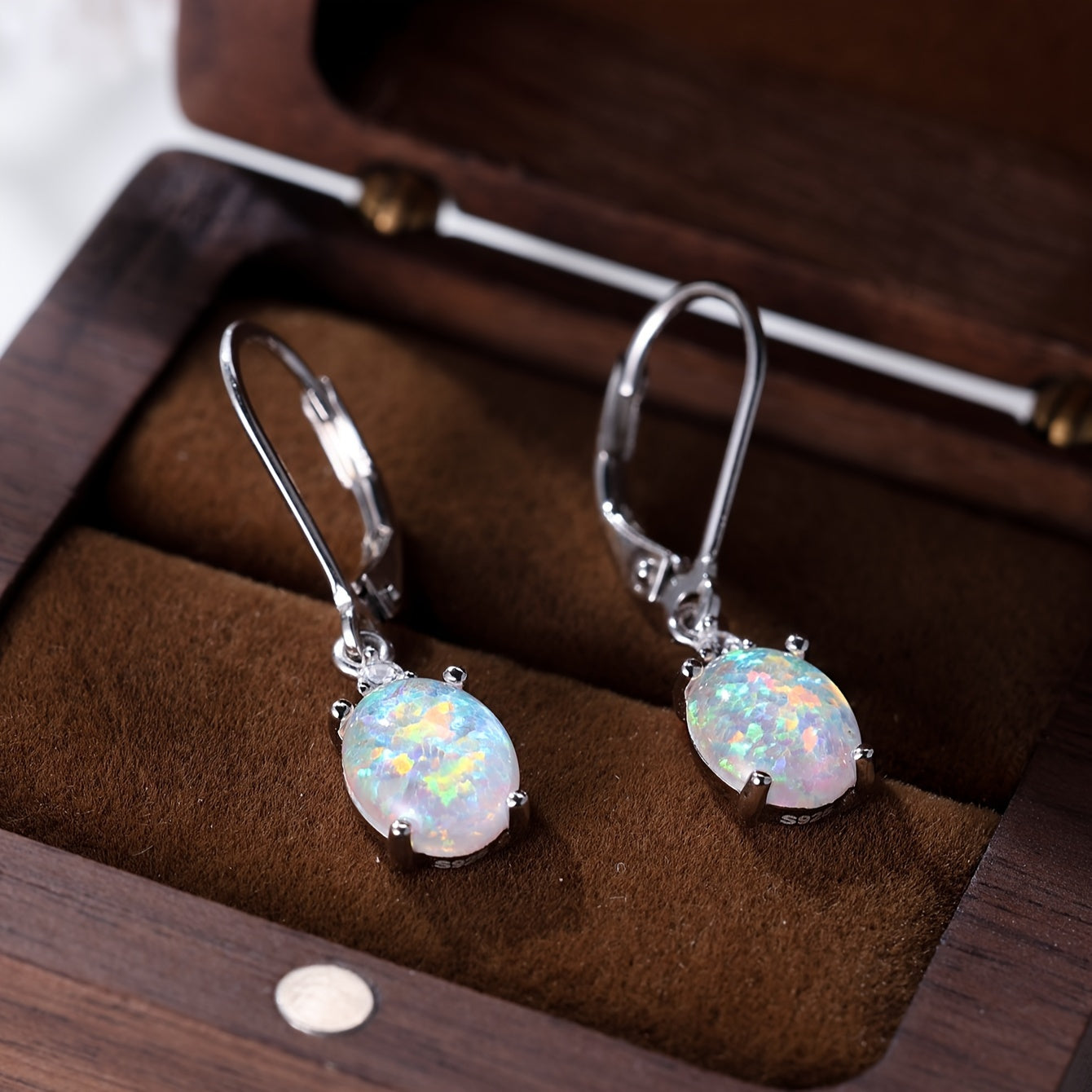 Women's Green Fire Opal Rhodium Plated Round-Cut Dangle Earrings