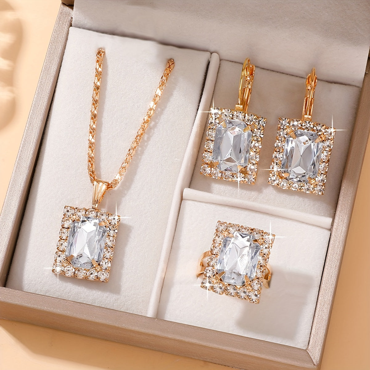 Women's Jewelry Set with Retro Square Glass Rhinestones 4-Piece Elegant Alloy for Daily and Party Occasions