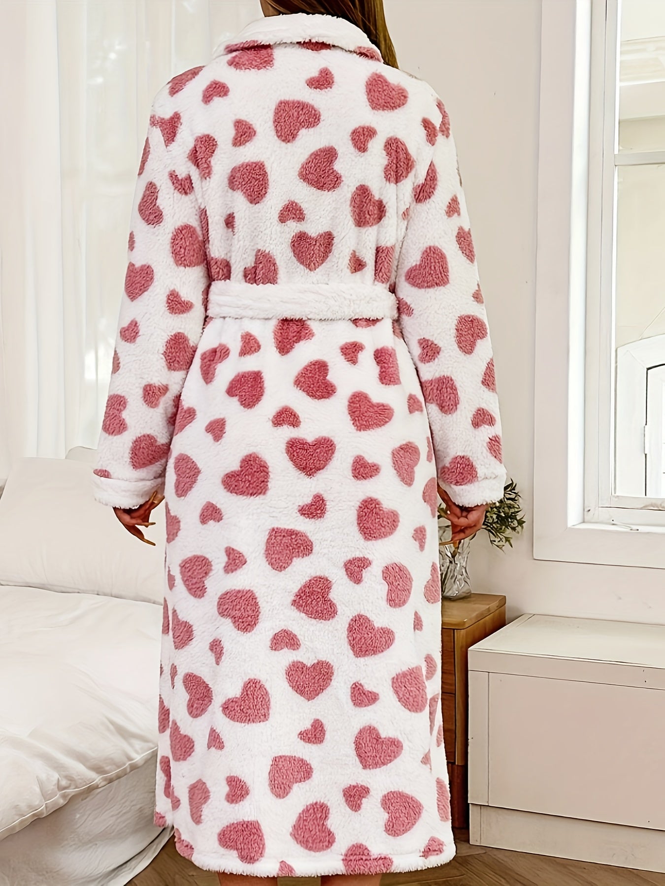 Women's Plus Size Casual Flannel Robe with Heart Pattern Long Sleeves Belt Fall Winter Loungewear