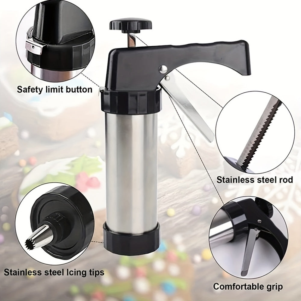 22-Piece Stainless Steel Cookie Press Kit with 13 Discs and 8 Icing Tips for Baking and Decorating