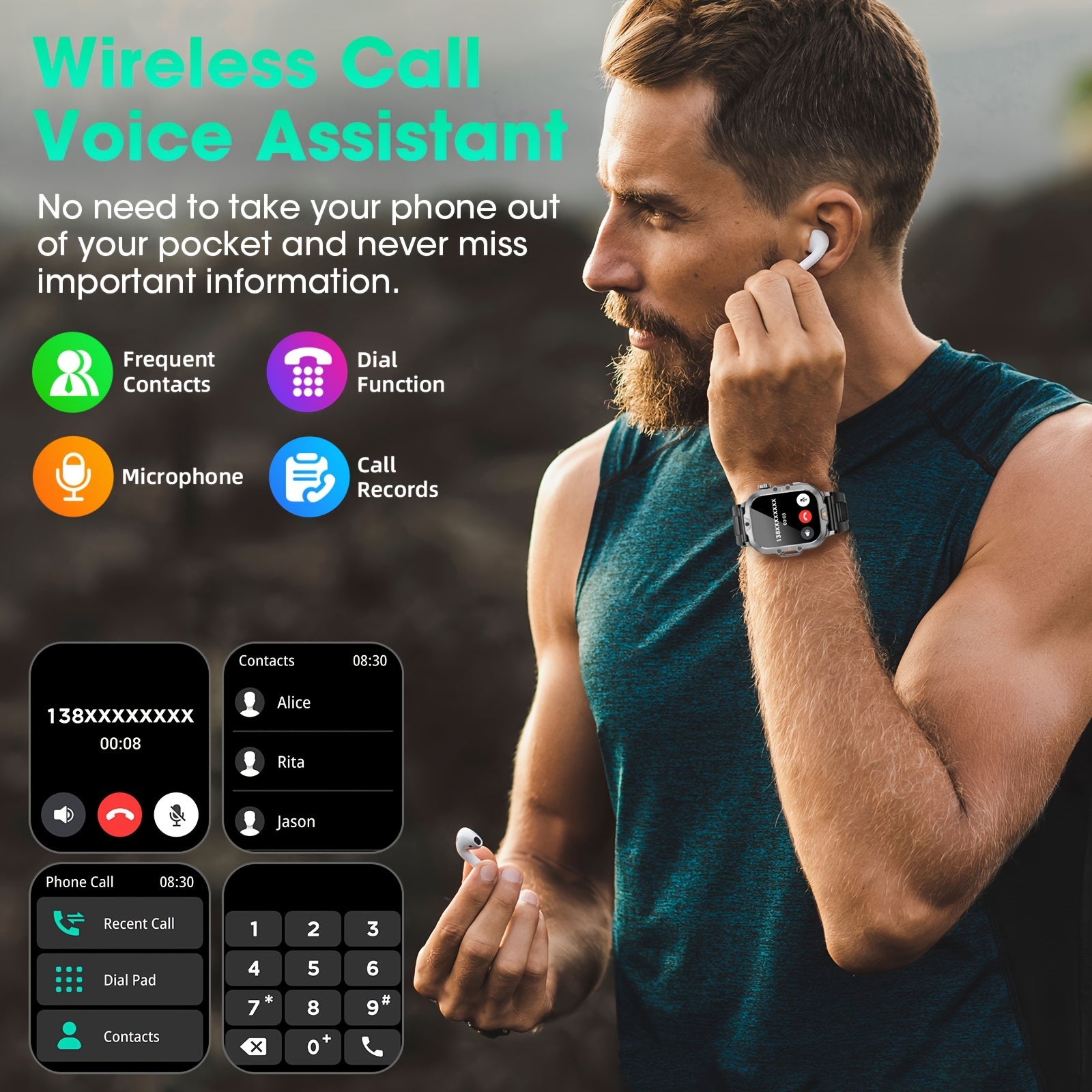 LZUEFK Smartwatch erkaklar va ayollar uchun, 5.11 sm HD ekran, simsiz qo'ng'iroq, fitnes kuzatuvchi, kaloriya va pedometr, mustahkam silikon tasma bilan.