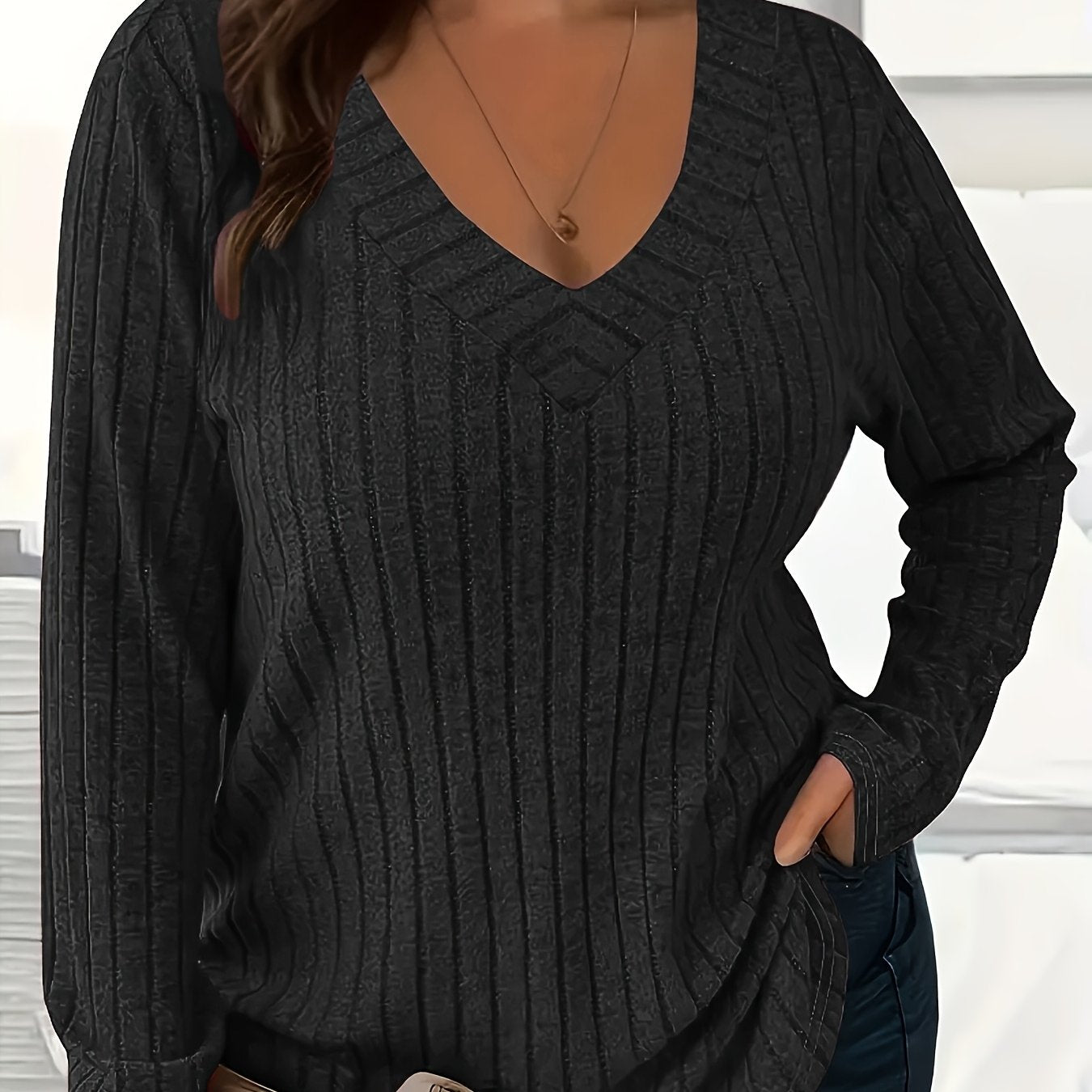 Women's Plus Size V-Neck Sweater Long Sleeve Knit Solid Color Fall Winter