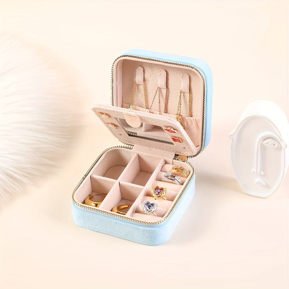 Velvet Jewelry Box with Mirror and Dual-Layer Zippered Storage for Accessories