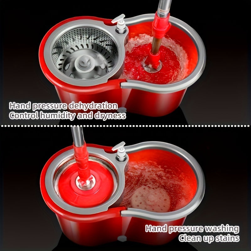 Juego de cubo y mopa giratoria roja con 3 paños de mopa para suelos de madera y limpieza en húmedo