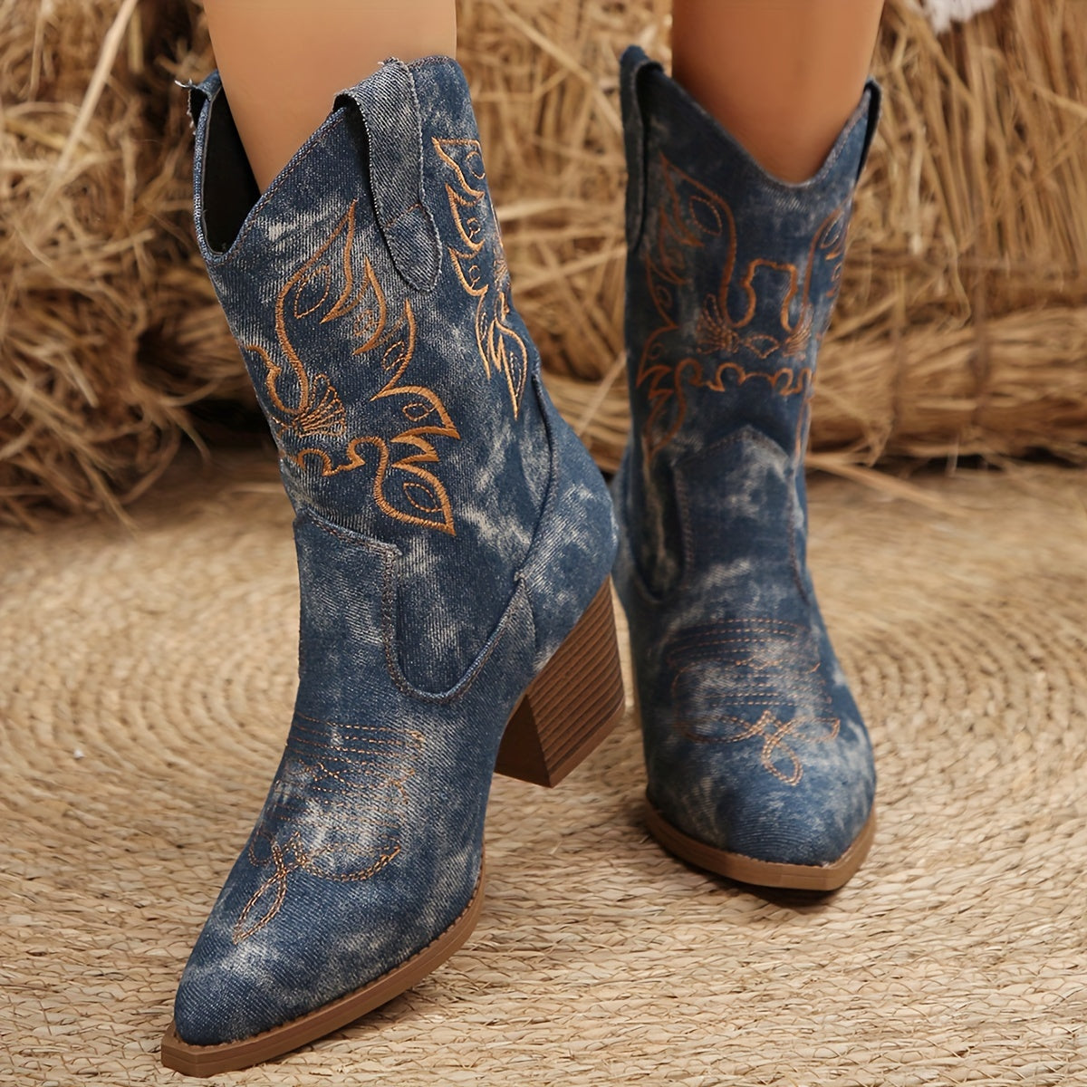 Women's Western Cowboy Boots with Cloud Embroidery Slip-On Chunky Heel