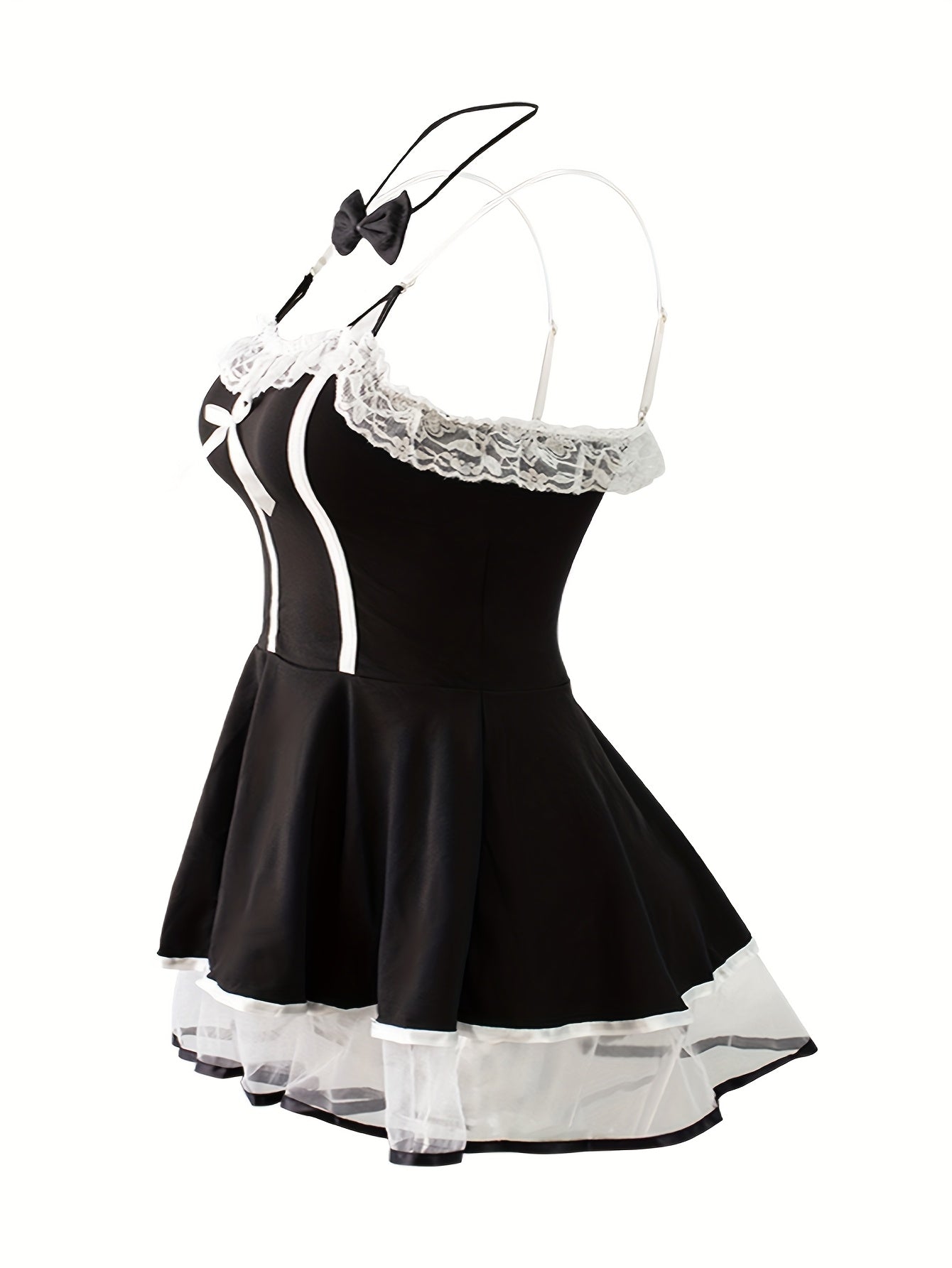 Women's Plus Size Lingerie Costume Set Black White Contrast Halter Dress
