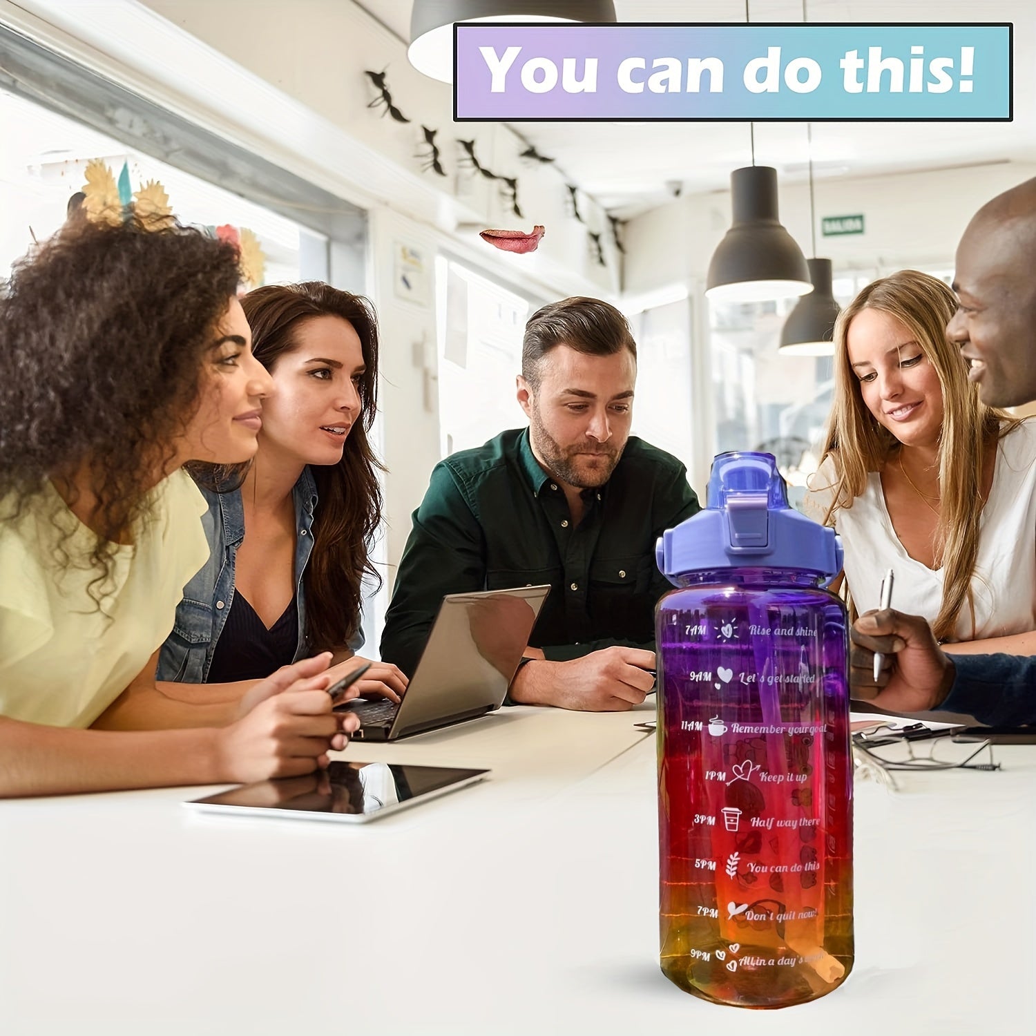 Set of 3 Gradient Color Motivational Water Bottles 64oz 32oz 15oz with Phone Holder