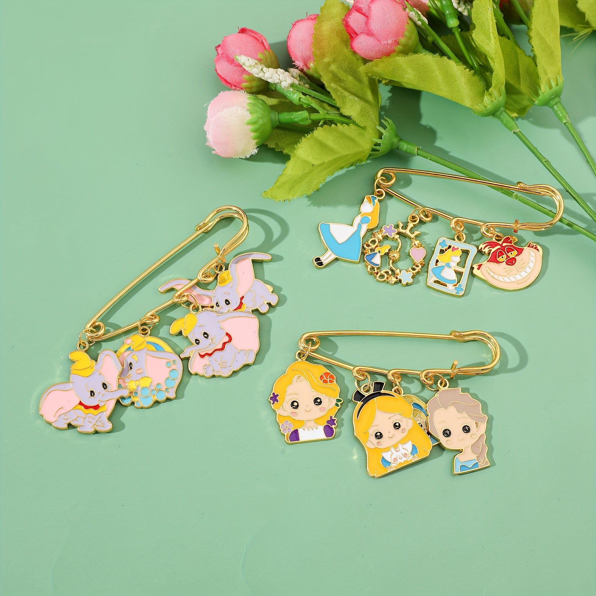 Set of 3 Cartoon Princess and Dumbo Enamel Brooch Pins Zinc Alloy Kids Girls Backpack Clothes Jewelry