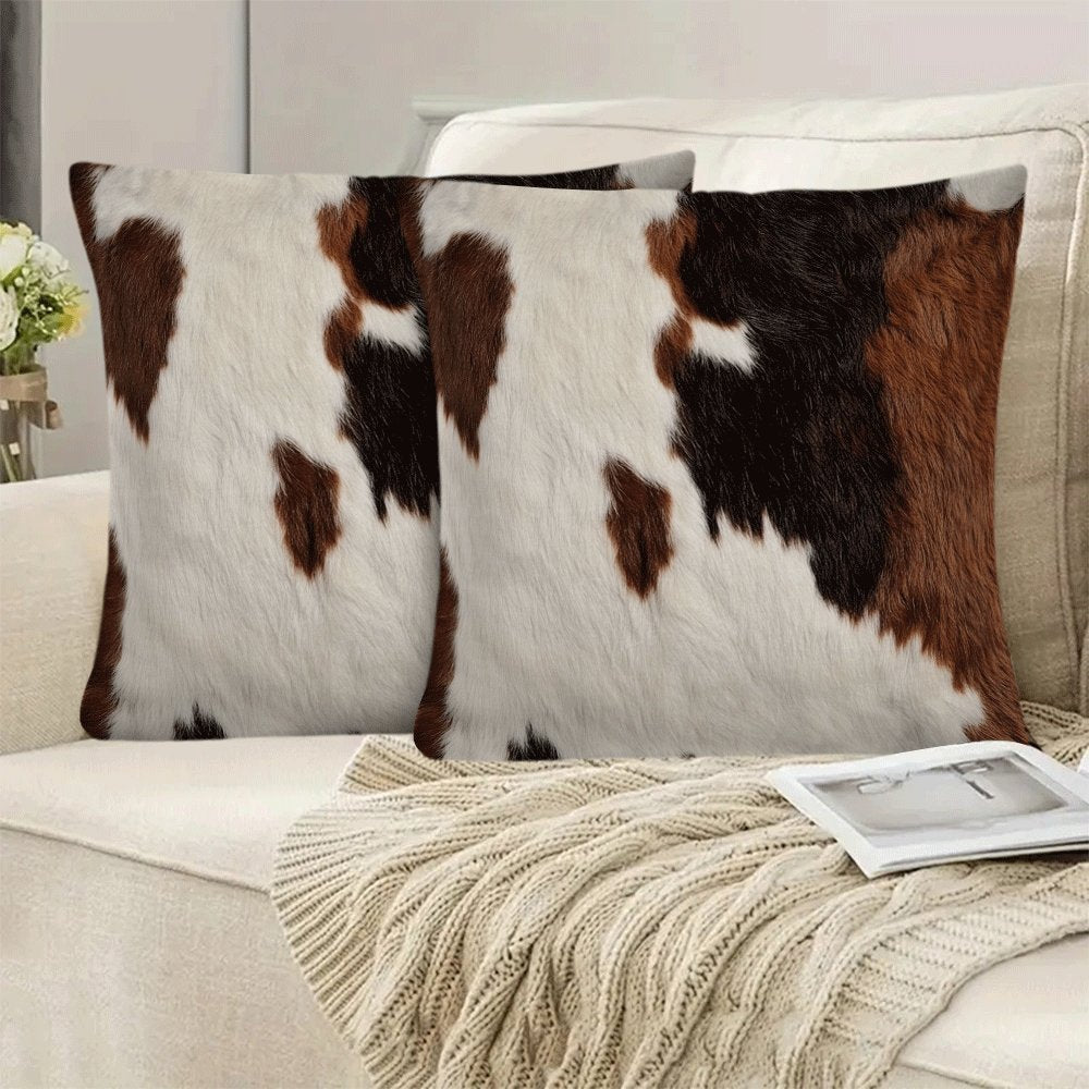 Set of 2 Farmhouse Cowhide Print Pillow Covers 45.72x45.72 cm Flannel Zipper Closure