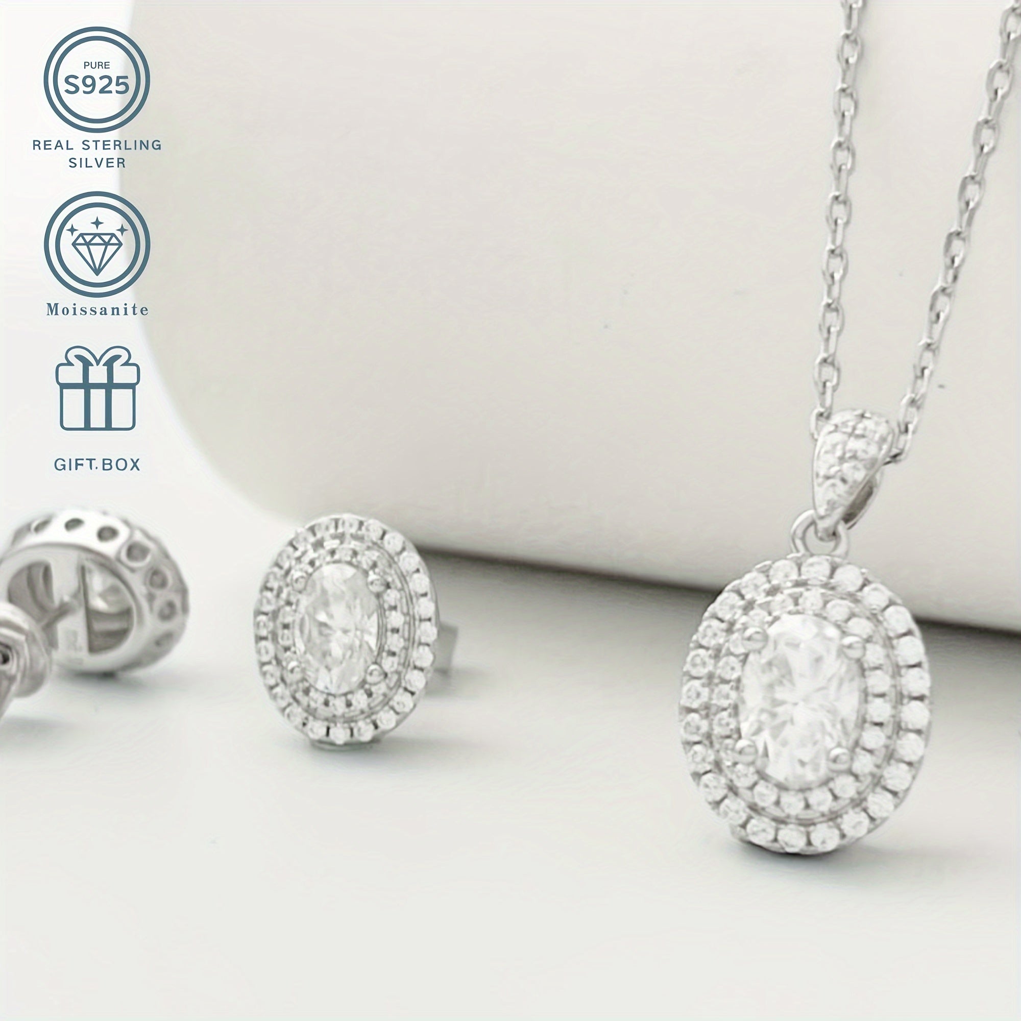 Sterling Silver Moissanite Jewelry Set with Egg-Shaped Pendant and Earrings for Wedding and Daily Wear