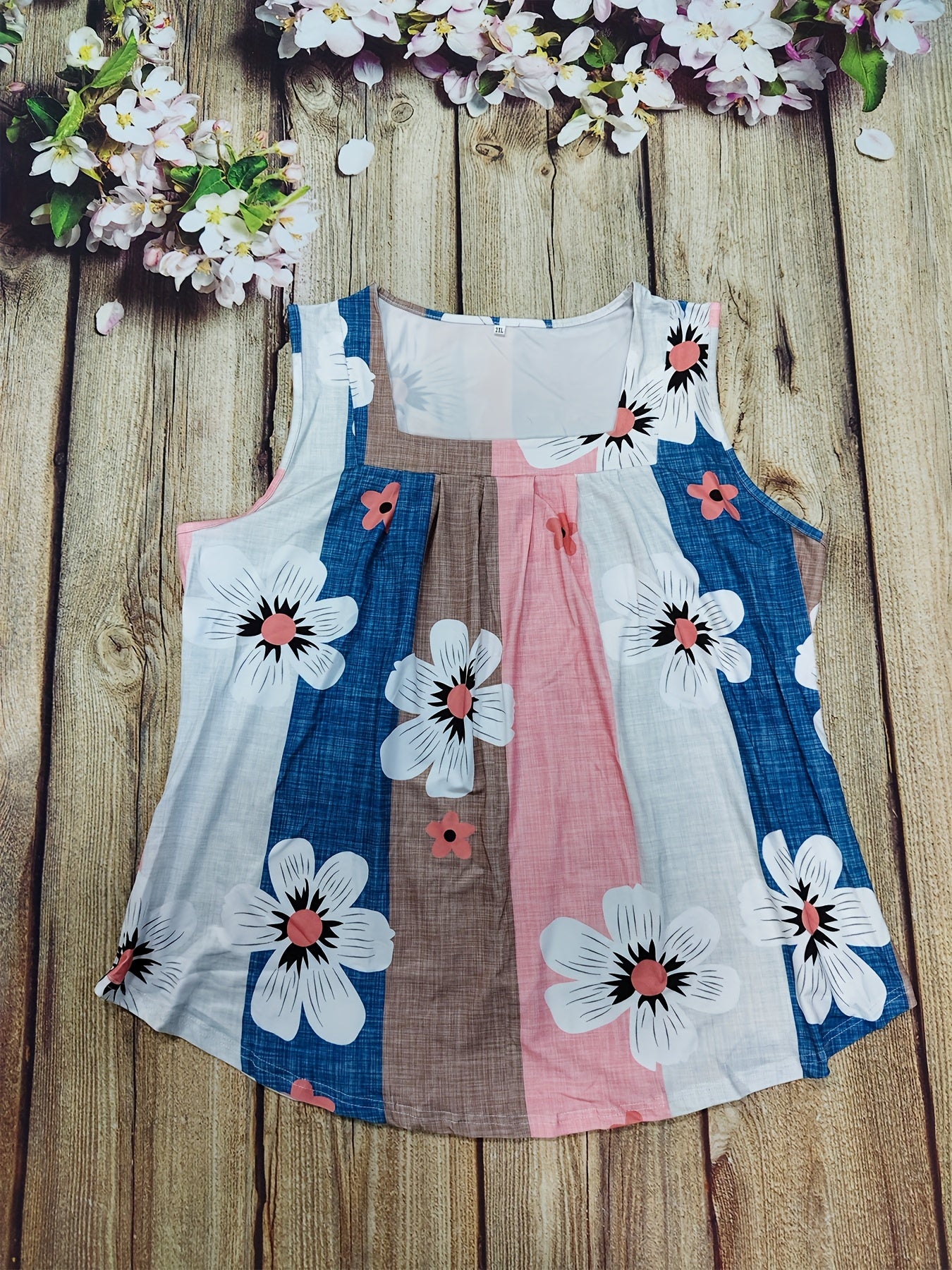 Plus Size Women's Square Neck Sleeveless Top Floral Print Stretchy Pullover Vest