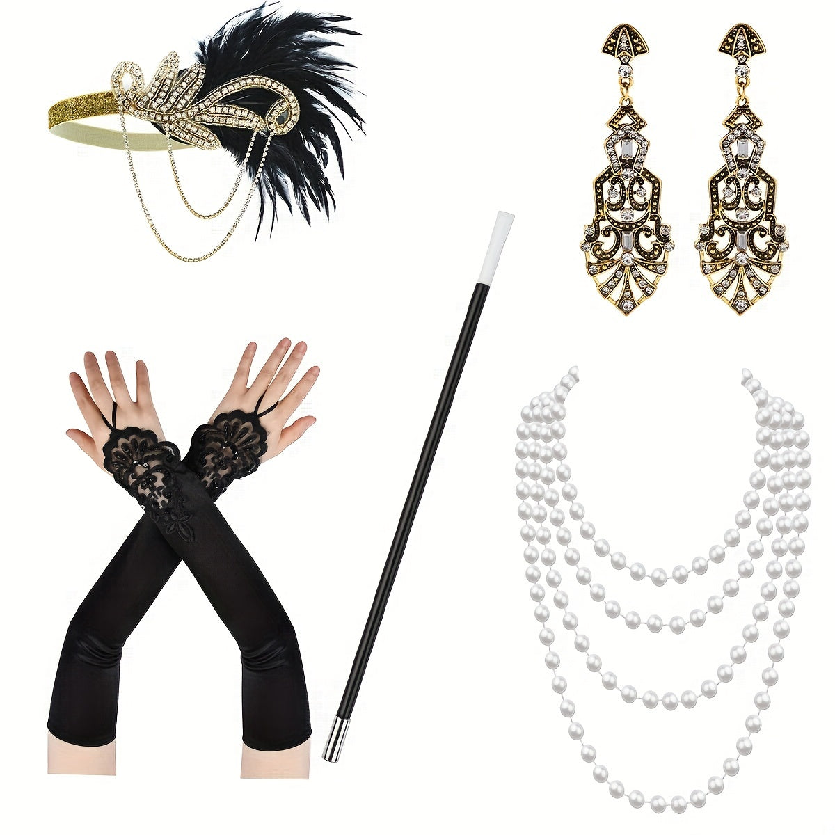 Set de accesorios de disfraces con temática Gatsby para mujeres con diadema de plumas, guantes, collar de perlas y sujetapapeles para cigarrillos