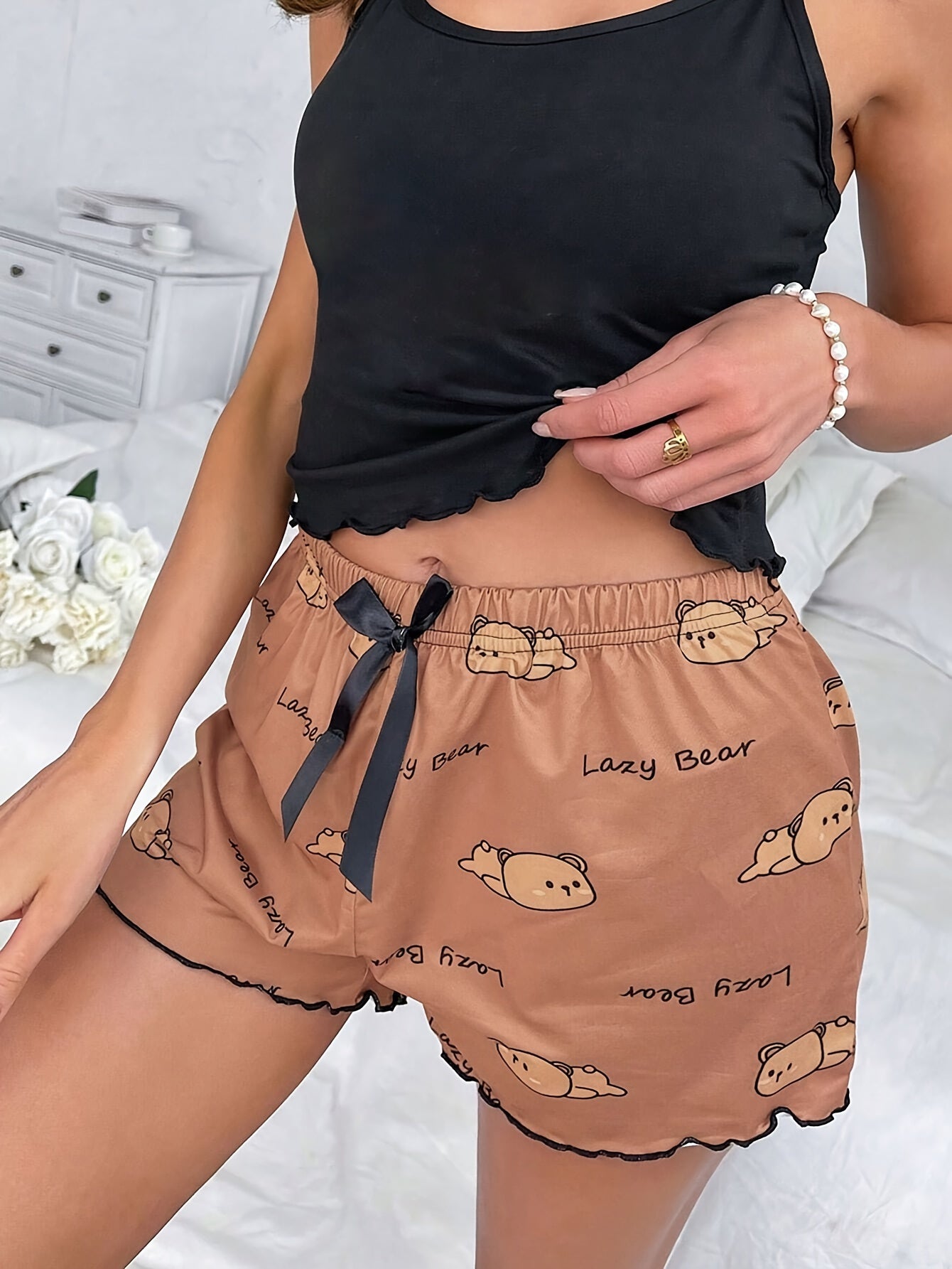 Women's Sleep Shorts with Bear Pattern, Frill Trim, Bow Tie, Polyester, Cute
