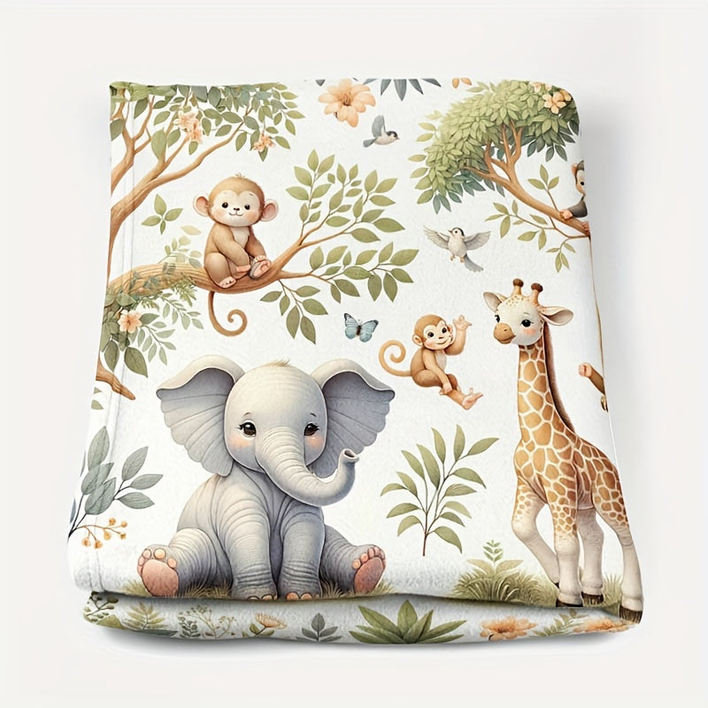 Soft Flannel Throw Blanket with Animal Designs Elephant Giraffe Monkey Cozy Plush for Couch Bed Travel