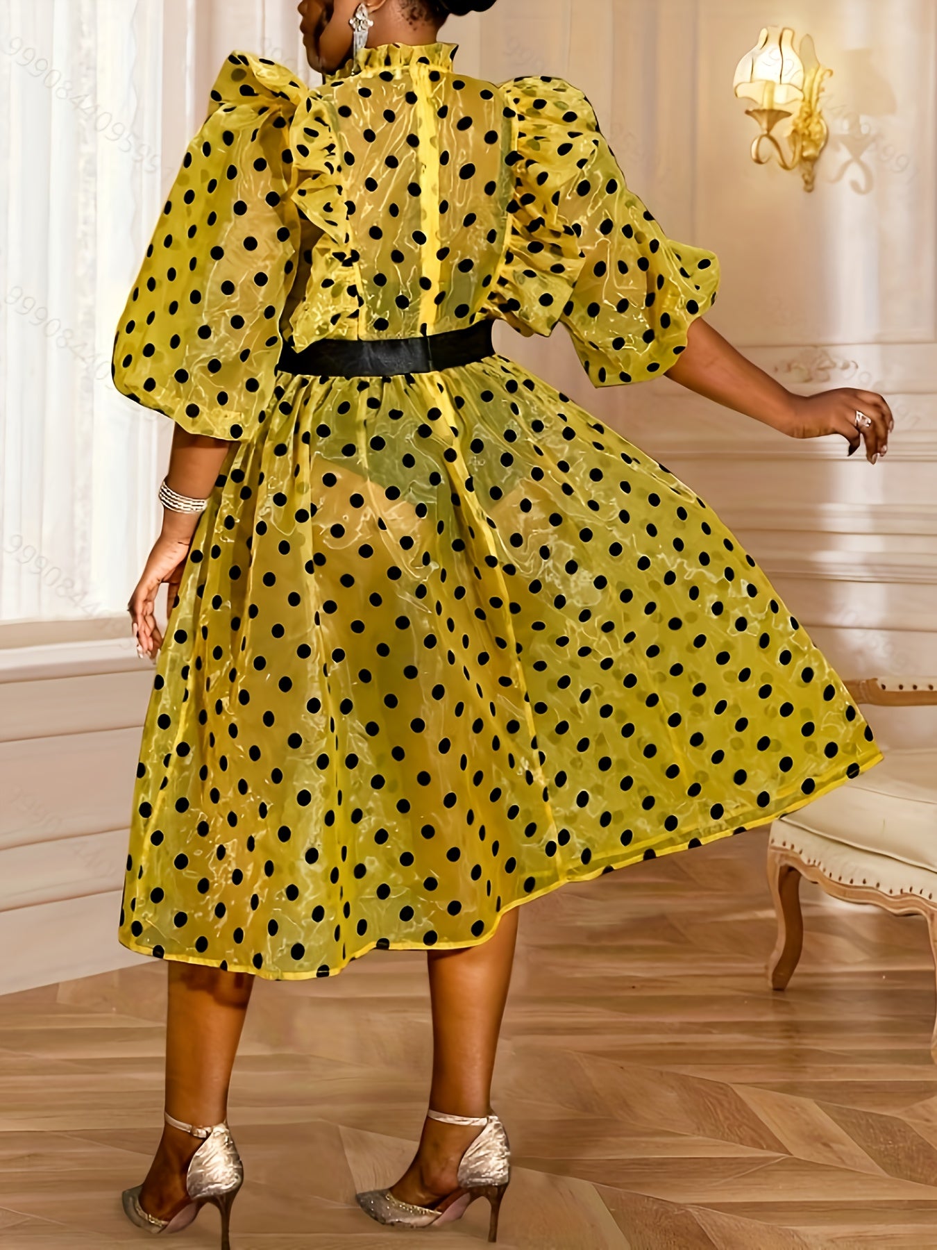 Women's Plus Size Polka Dot Gauze A-Line Dress with Puff Sleeves and Flared Hem
